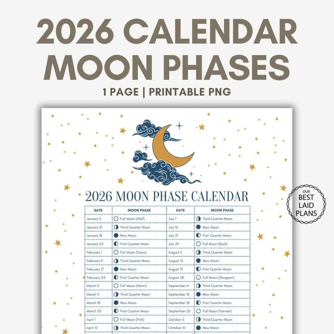 Moon Phase Calendar 2026 Printable, Lunar Cycle Calendar 2026 with Moon Phase Calendar 2026 Printable