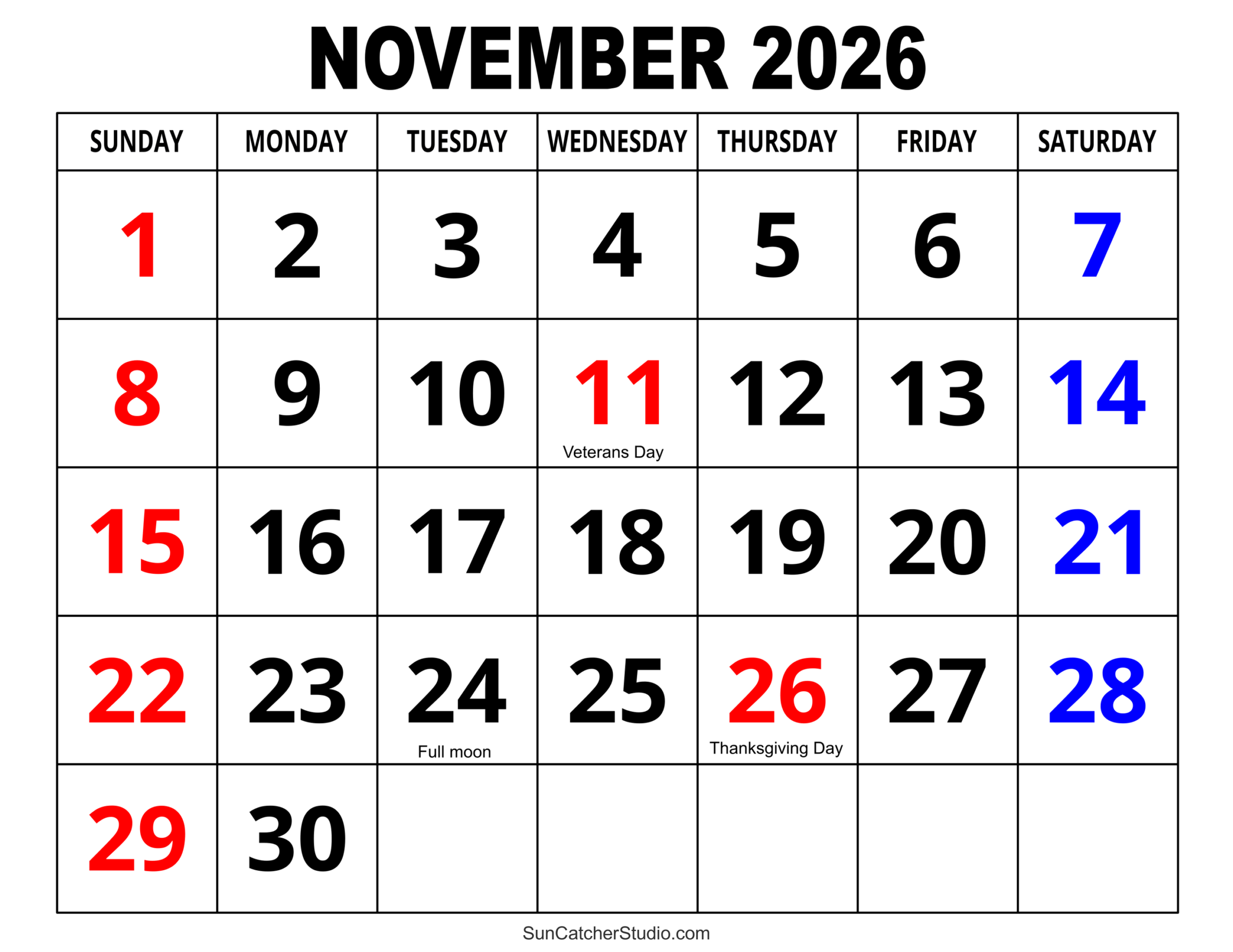 November 2026 Calendar (Free Printable) – Free Printables throughout November 2026 Calendar Printable