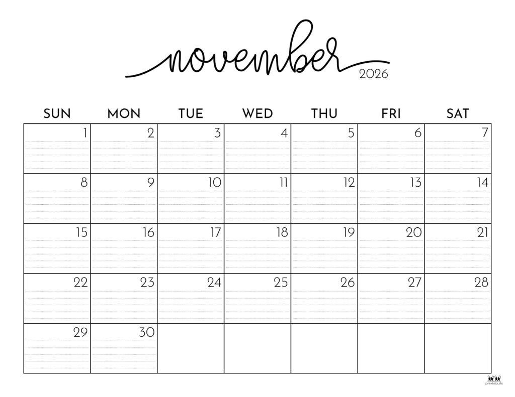 November 2026 Calendars - 123 Free Printables | Printabulls intended for Nov 2026 Calendar Printable Free