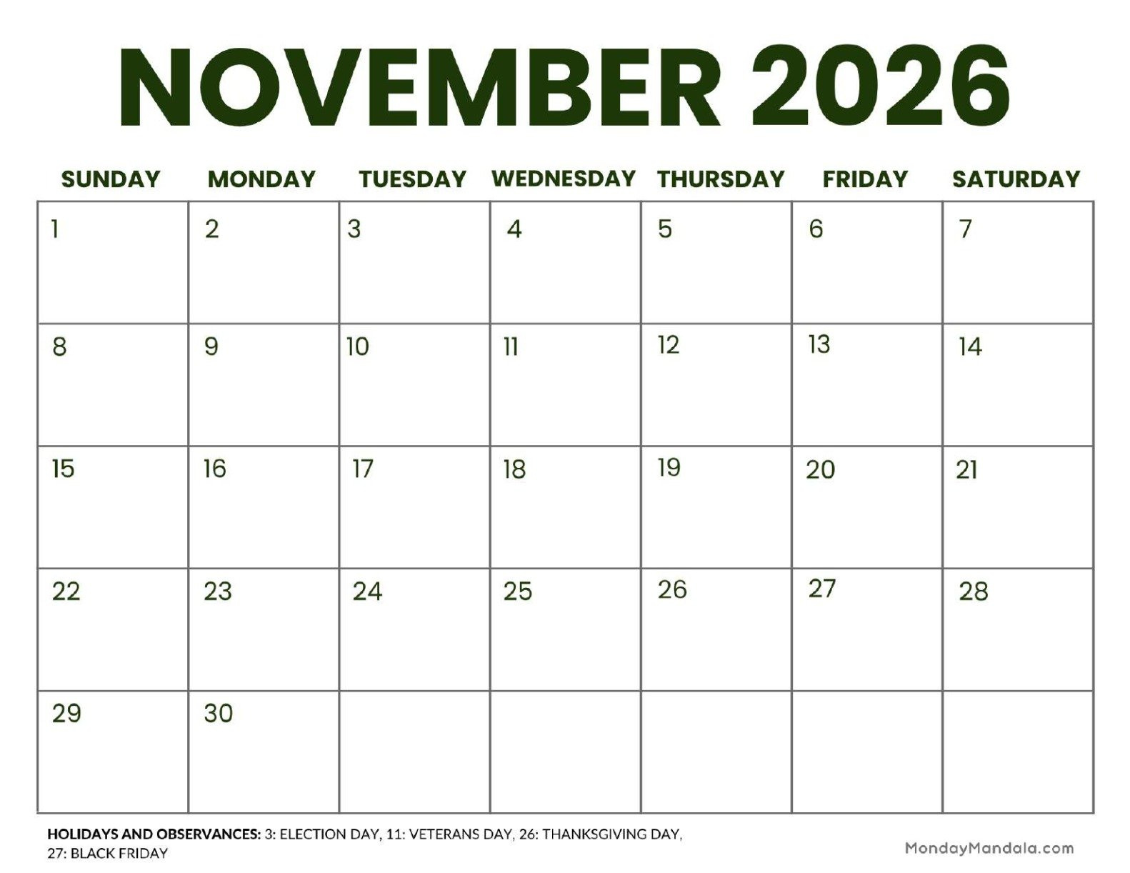 November 2026 Calendars (52 Free Printable Pdfs) regarding November 2026 Calendar Printable