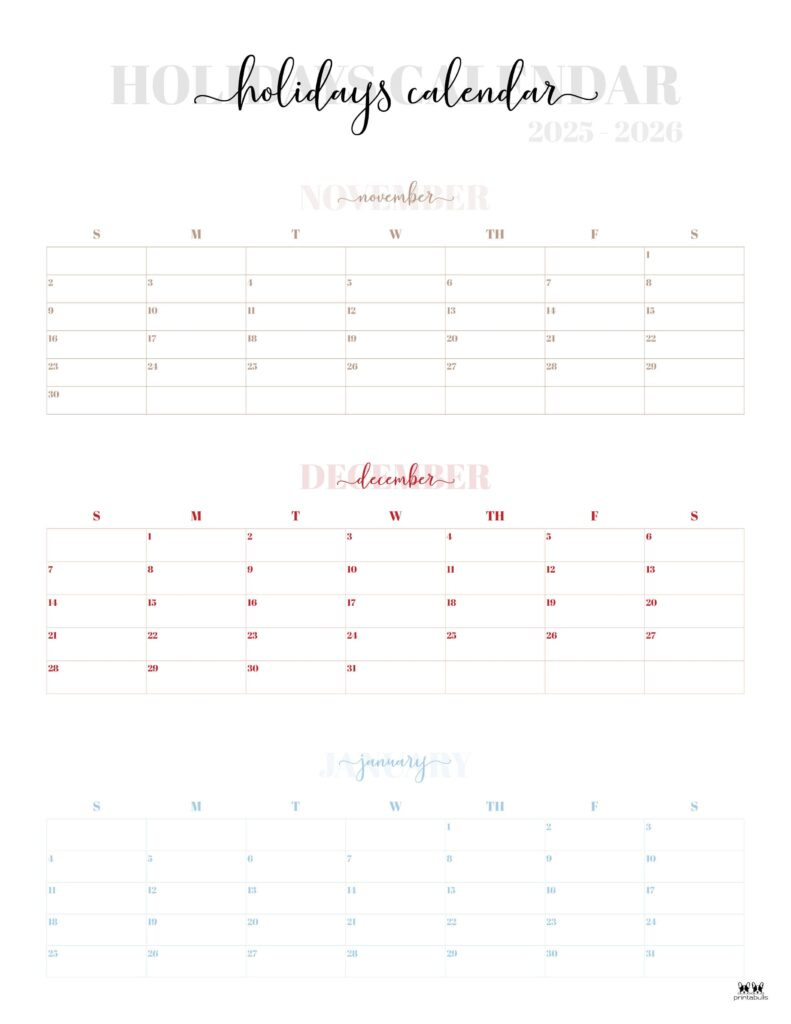 November December 2025 Calendars - 28 Printables | Printabulls with regard to November December 2025 - January 2026 Printable Calendar
