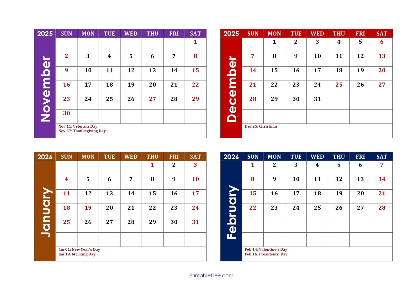 November To February 2026 Calendar Printable Pdf | Four Months pertaining to Printable Calendar 2026 4 Months Per Page
