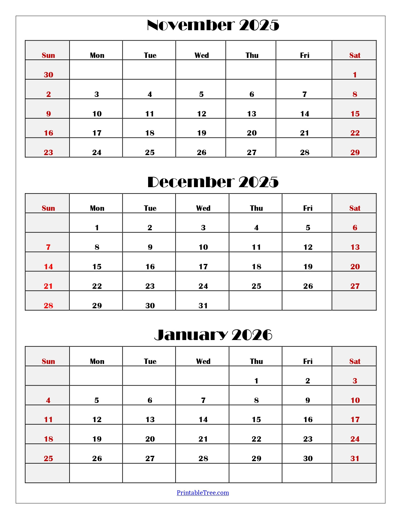 November To January 2026 Calendar Printable Pdf | Three Months within November December 2025 - January 2026 Printable Calendar