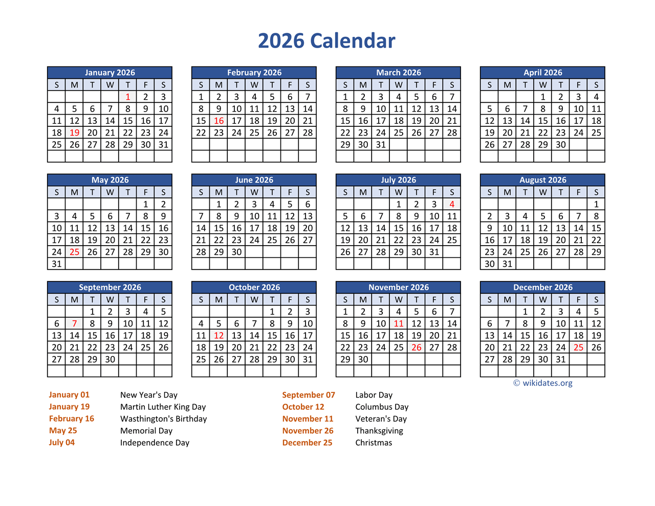 Pdf Calendar 2026 With Federal Holidays | Wikidates in Wiki 2026 Calendar Printable