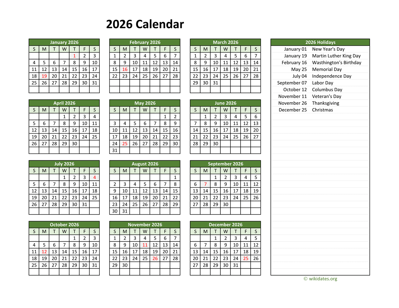 Printable 2026 Calendar With Federal Holidays | Wikidates in 2026 Calendar Printable With Federal Holidays