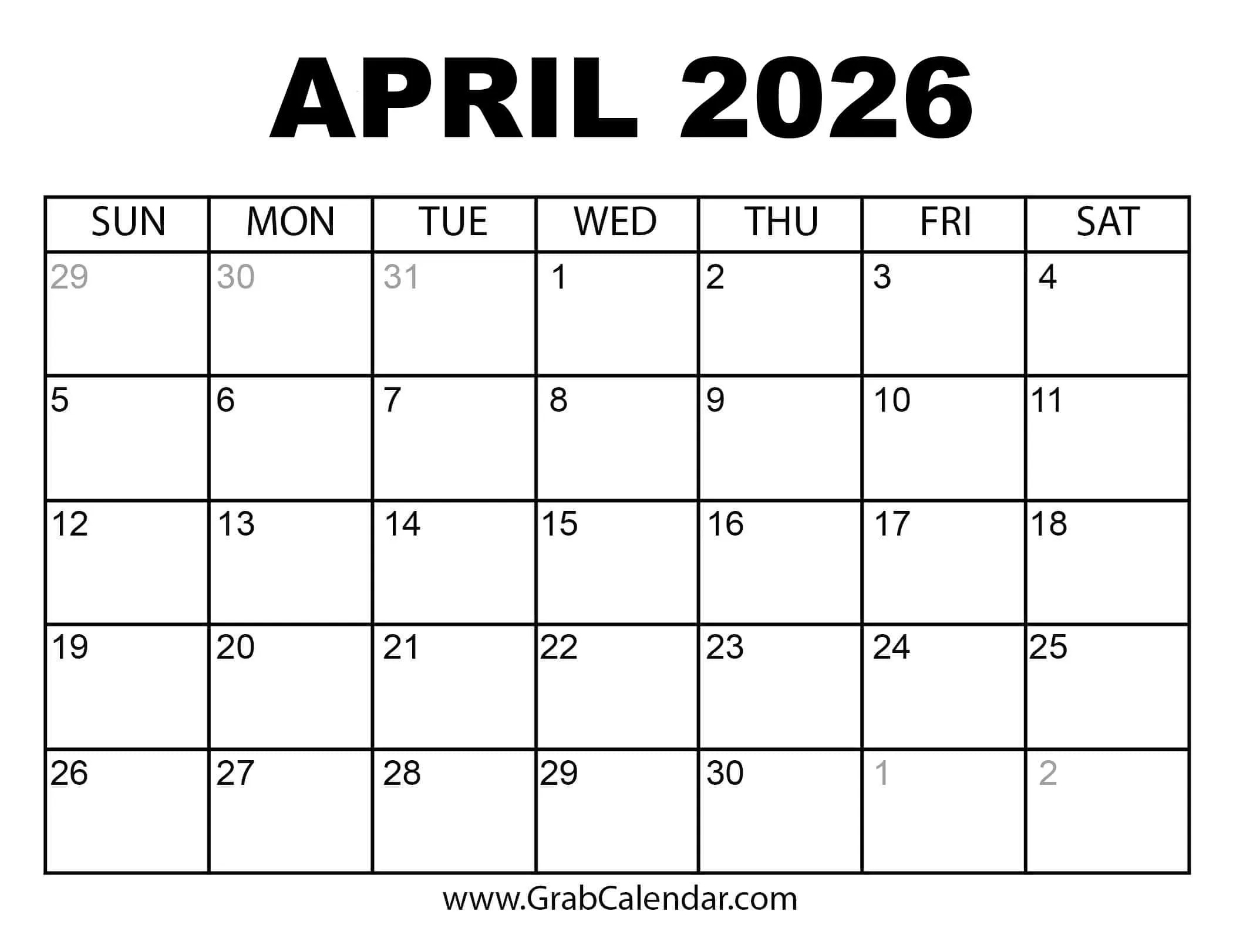 Printable April 2026 Calendar intended for 2026 Calendar Printable April