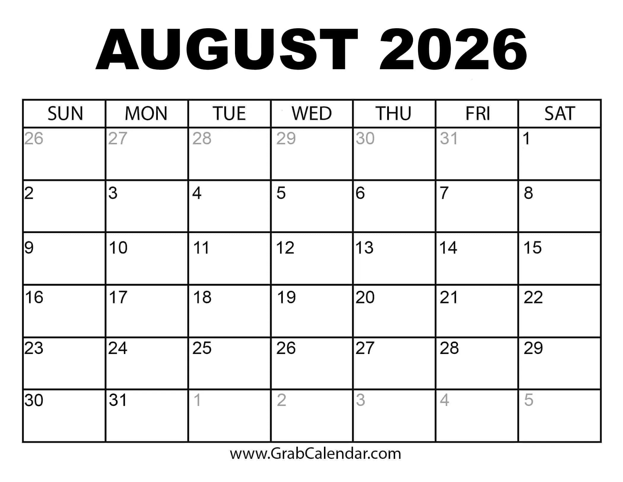 Printable August 2026 Calendar for 2026 Calendar Printable August