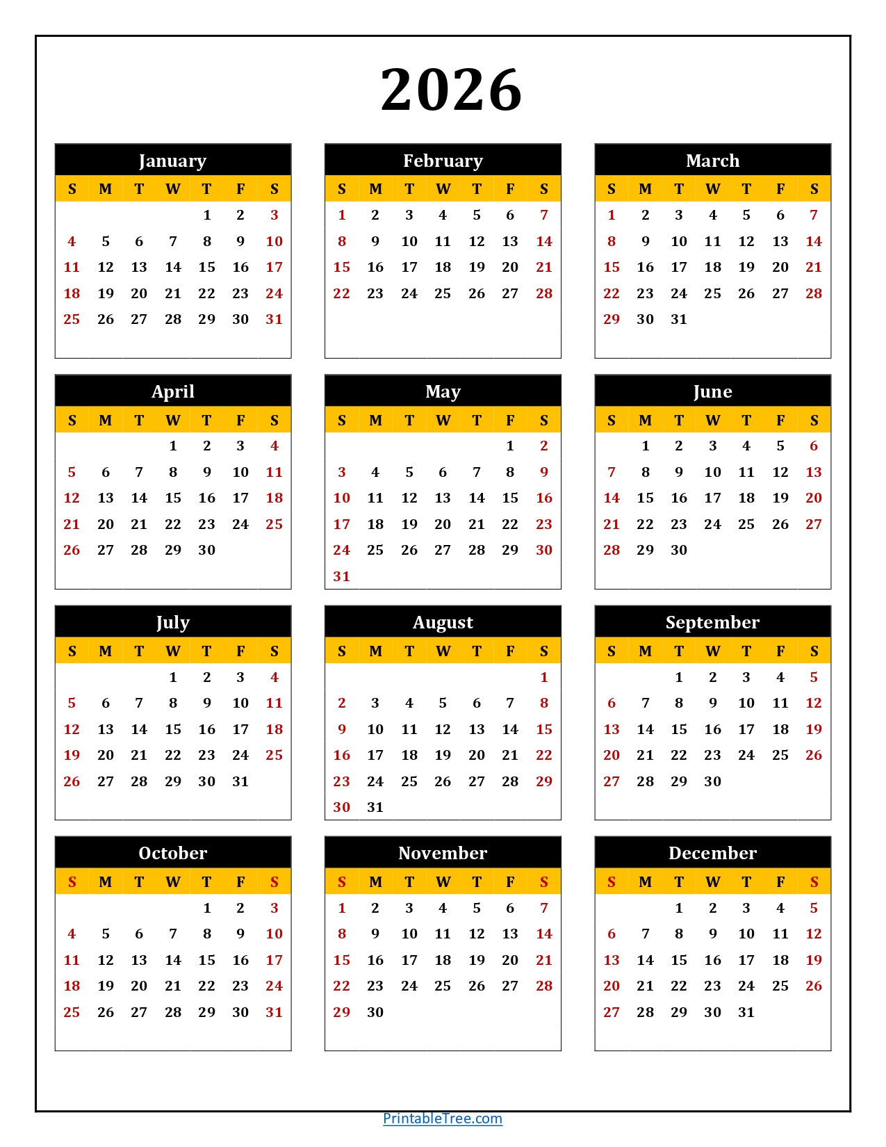 Printable Calendar 2026 One Page With Holidays (Single Page) 2026 for Yearly 2026 Calendar