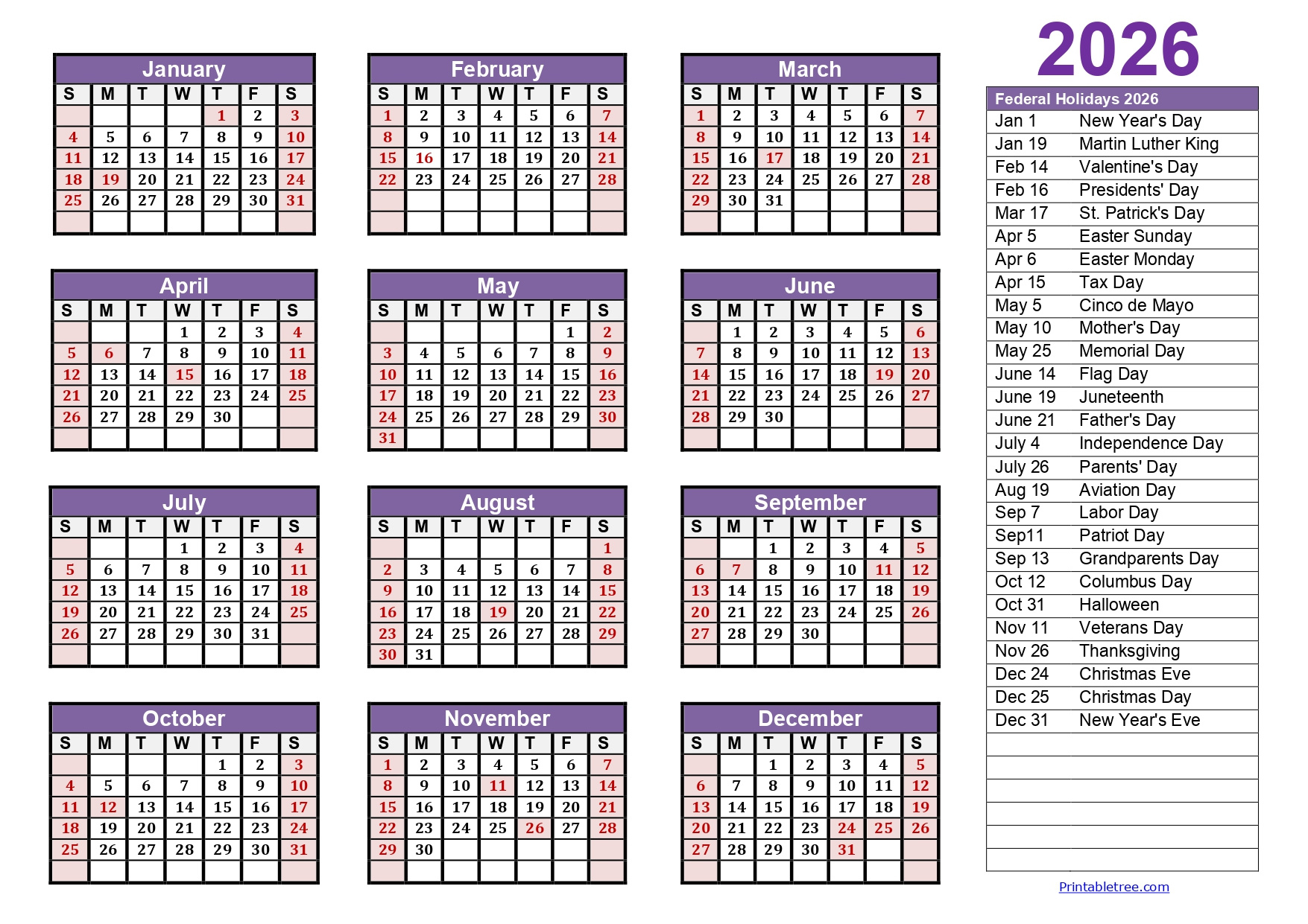 Printable Calendar 2026 One Page With Holidays (Single Page) 2026 inside Yearly Calendar 2026 Printable One Page