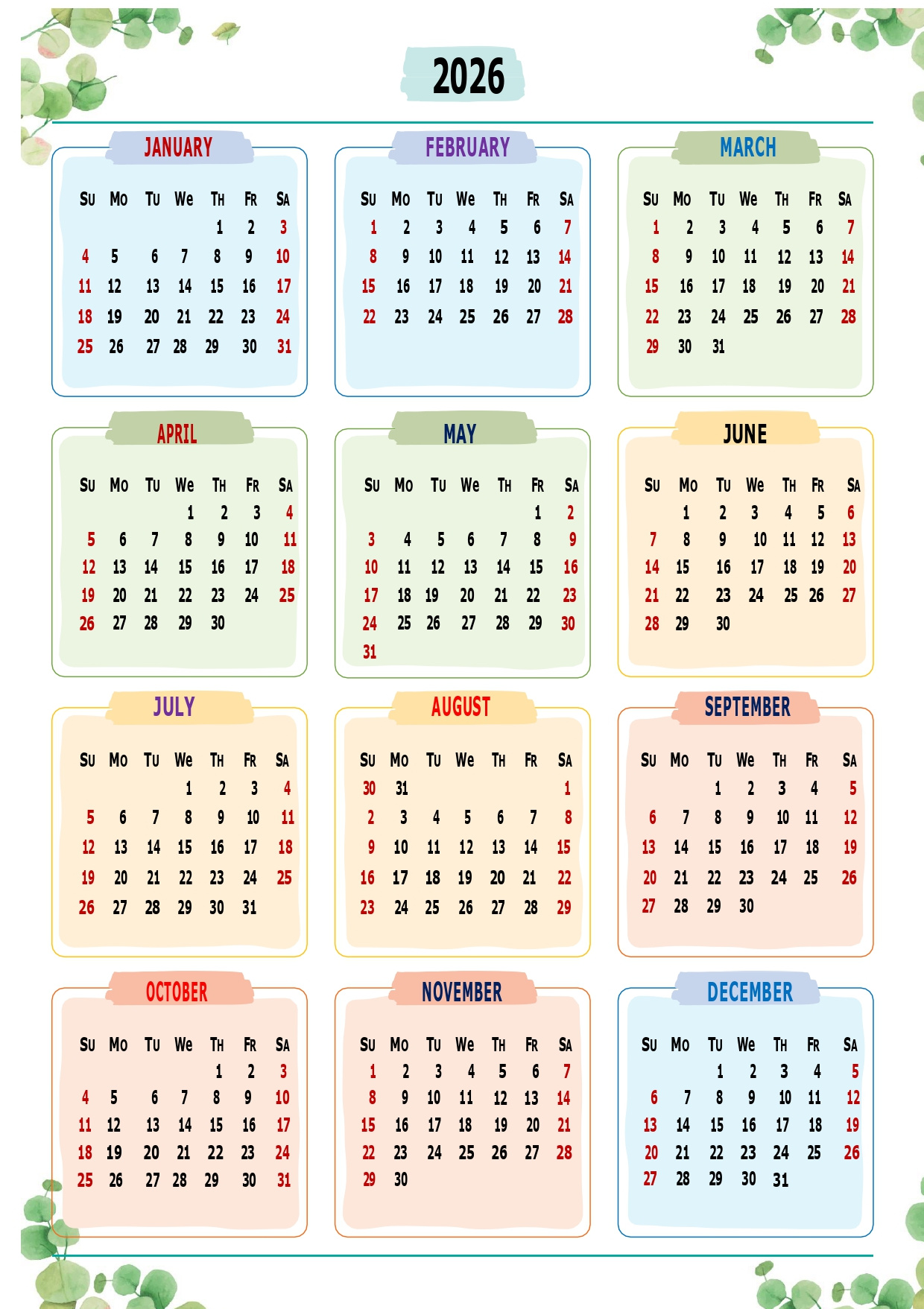 Printable Calendar 2026 One Page With Holidays (Single Page) 2026 with 2026 Calendar Printable 1 Page