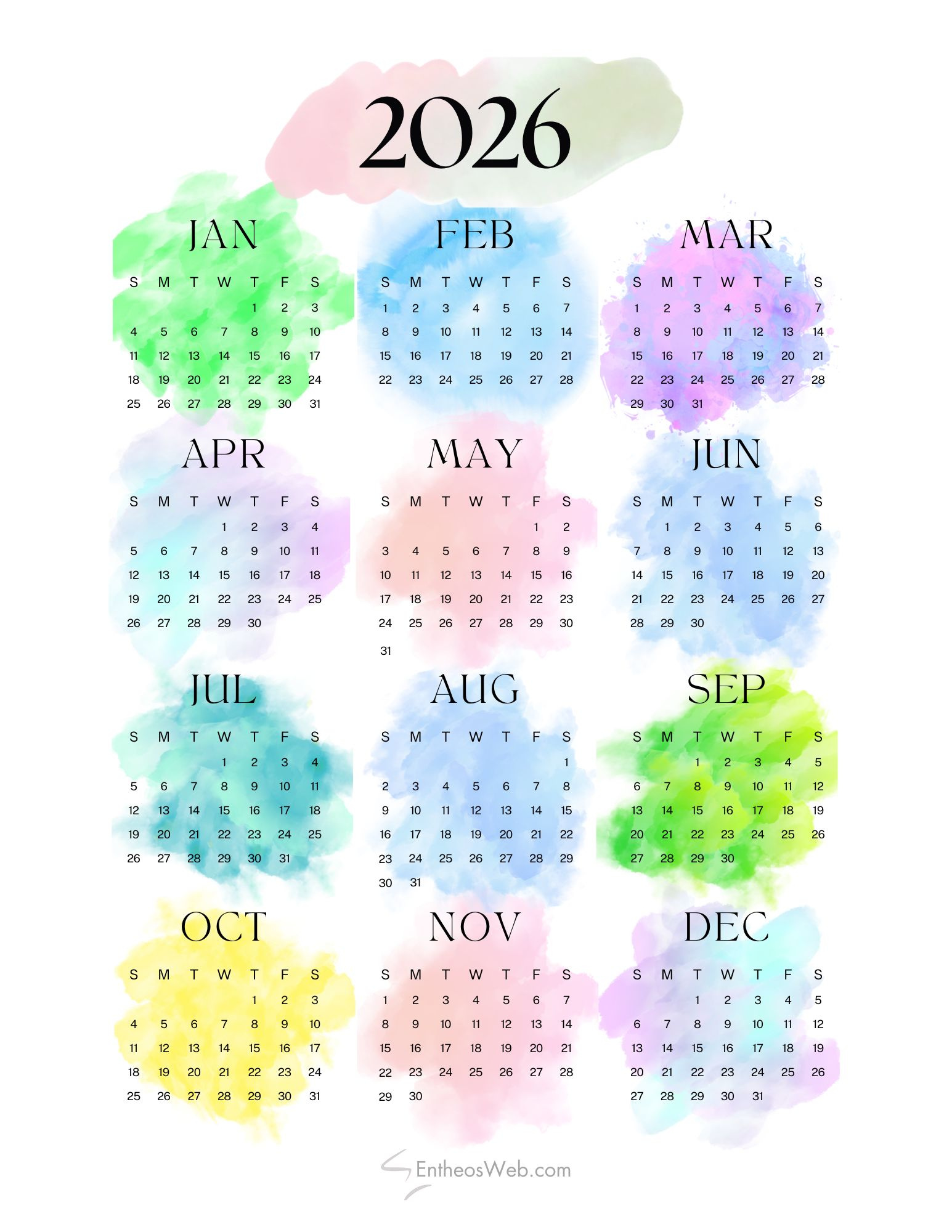 Printable Calendars 2026 | Entheosweb pertaining to 2026 Calendar Printable Colorful