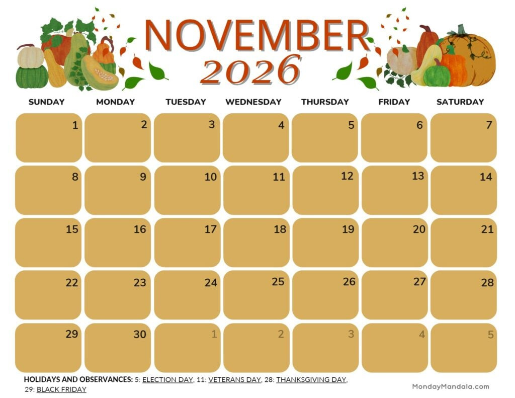 Printable Calendars For 2025 &amp;amp; 2026 (Free Pdfs) intended for Nov 2026 Calendar Printable Free