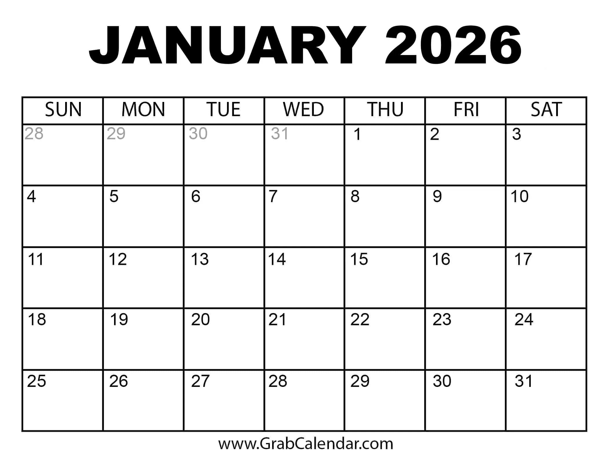 Printable January 2026 Calendar throughout 2026 Printable Calendar January