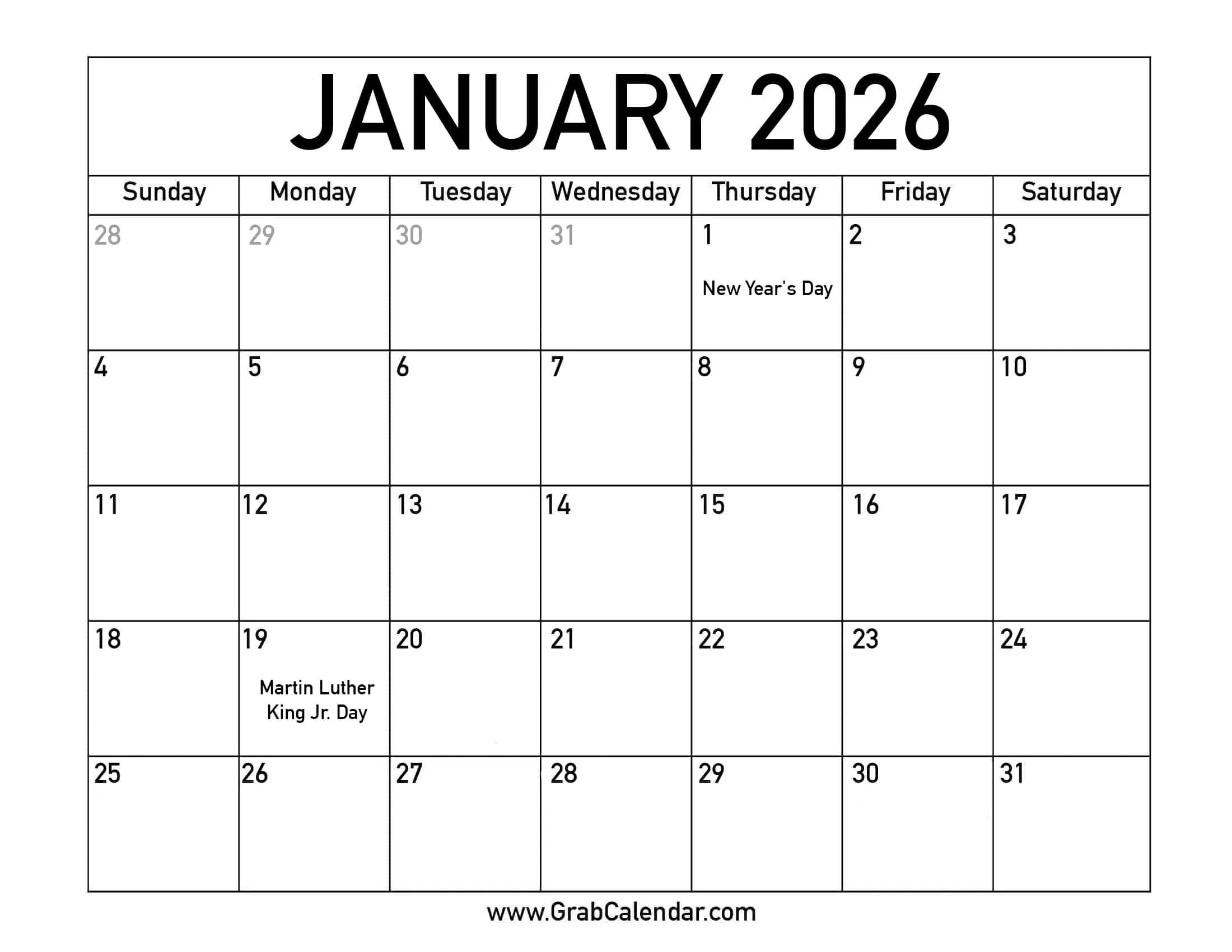 Printable January 2026 Calendar with regard to January 2026 Calendar With Holidays Printable Free