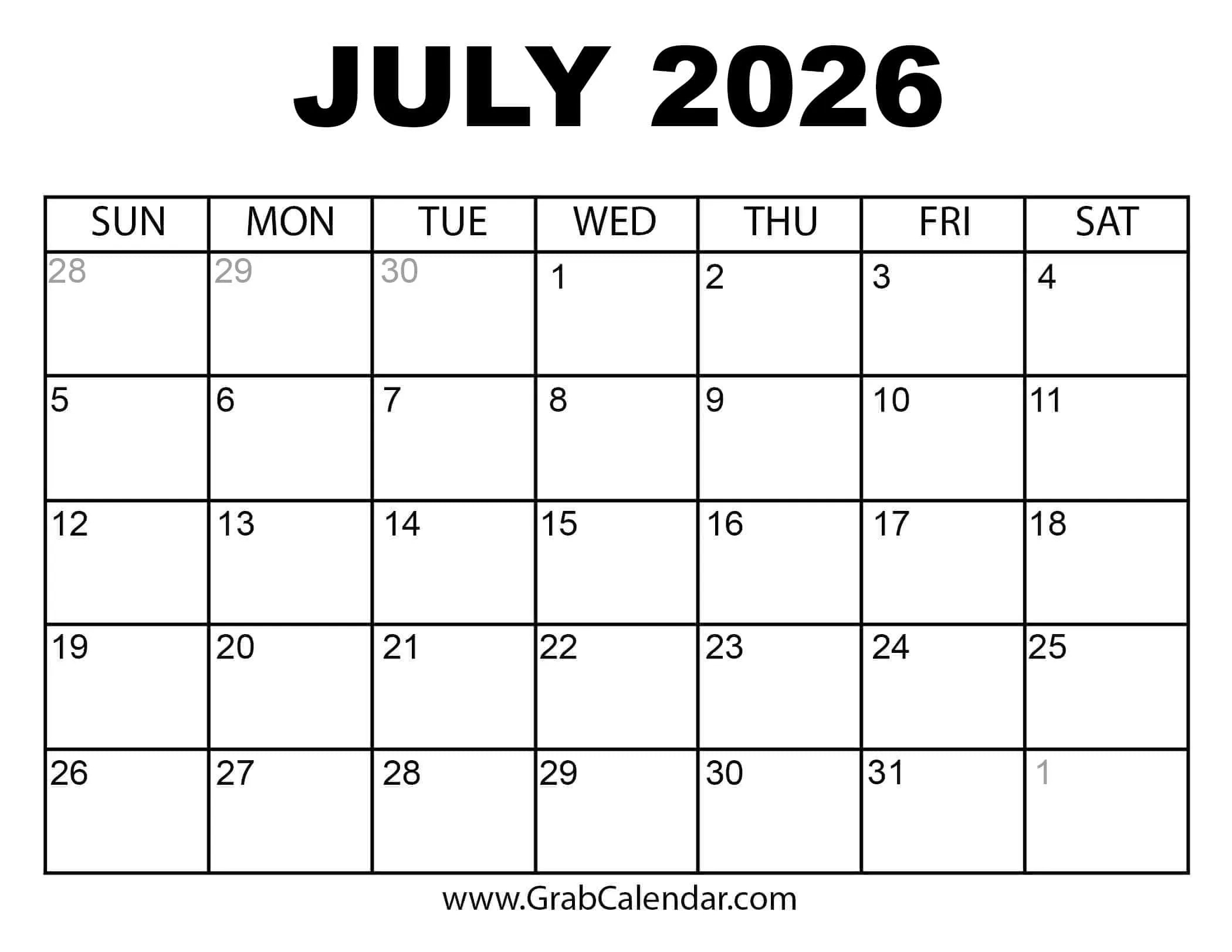Printable July 2026 Calendar with regard to July 2026 Calendar Printable