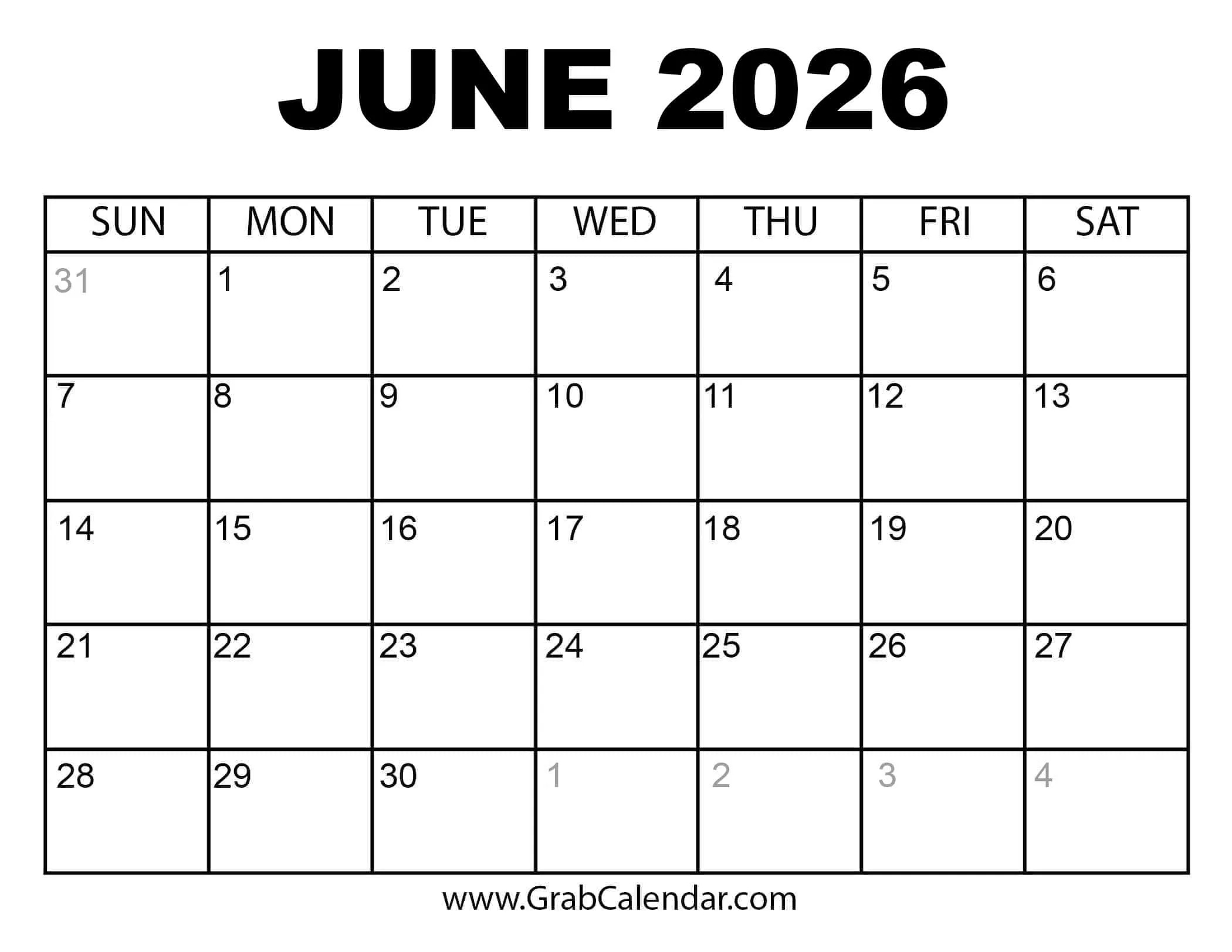 Printable June 2026 Calendar for 2026 Calendar Printable June