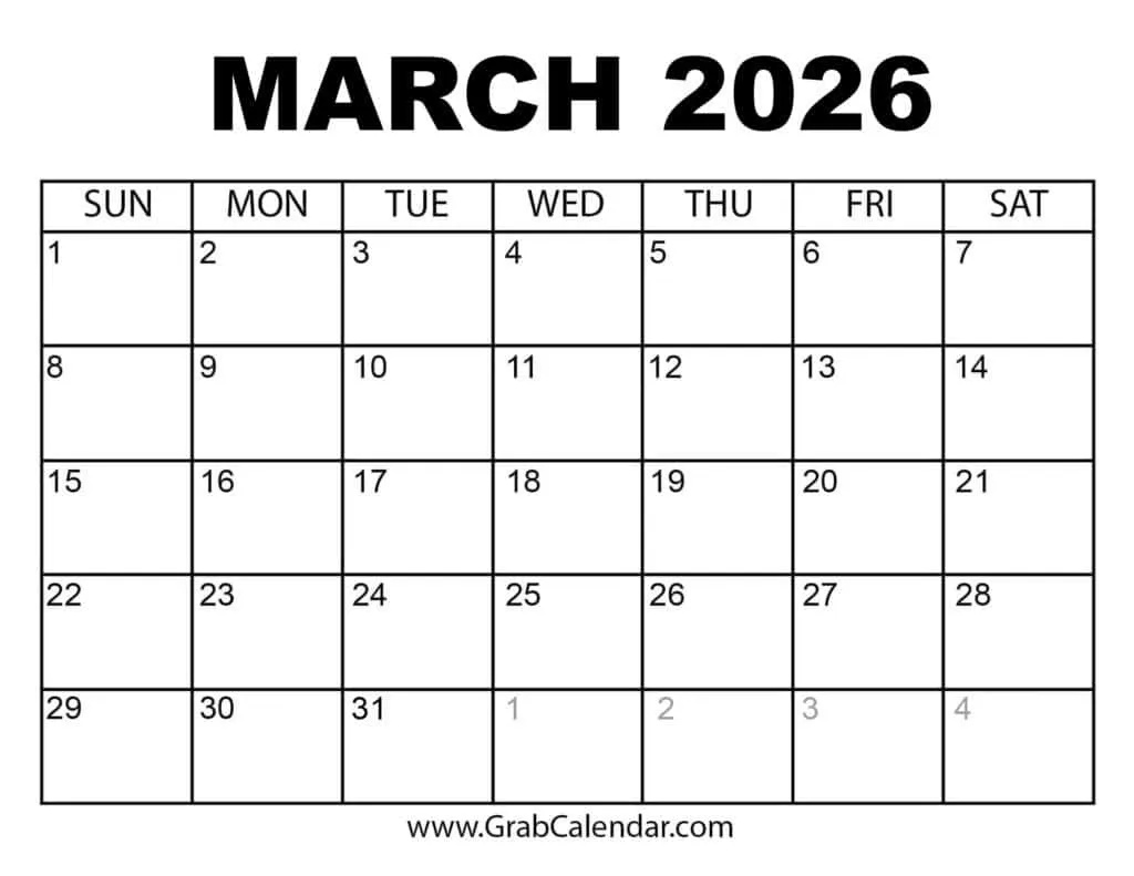 Printable March 2026 Calendar within March Calendar 2026 Printable