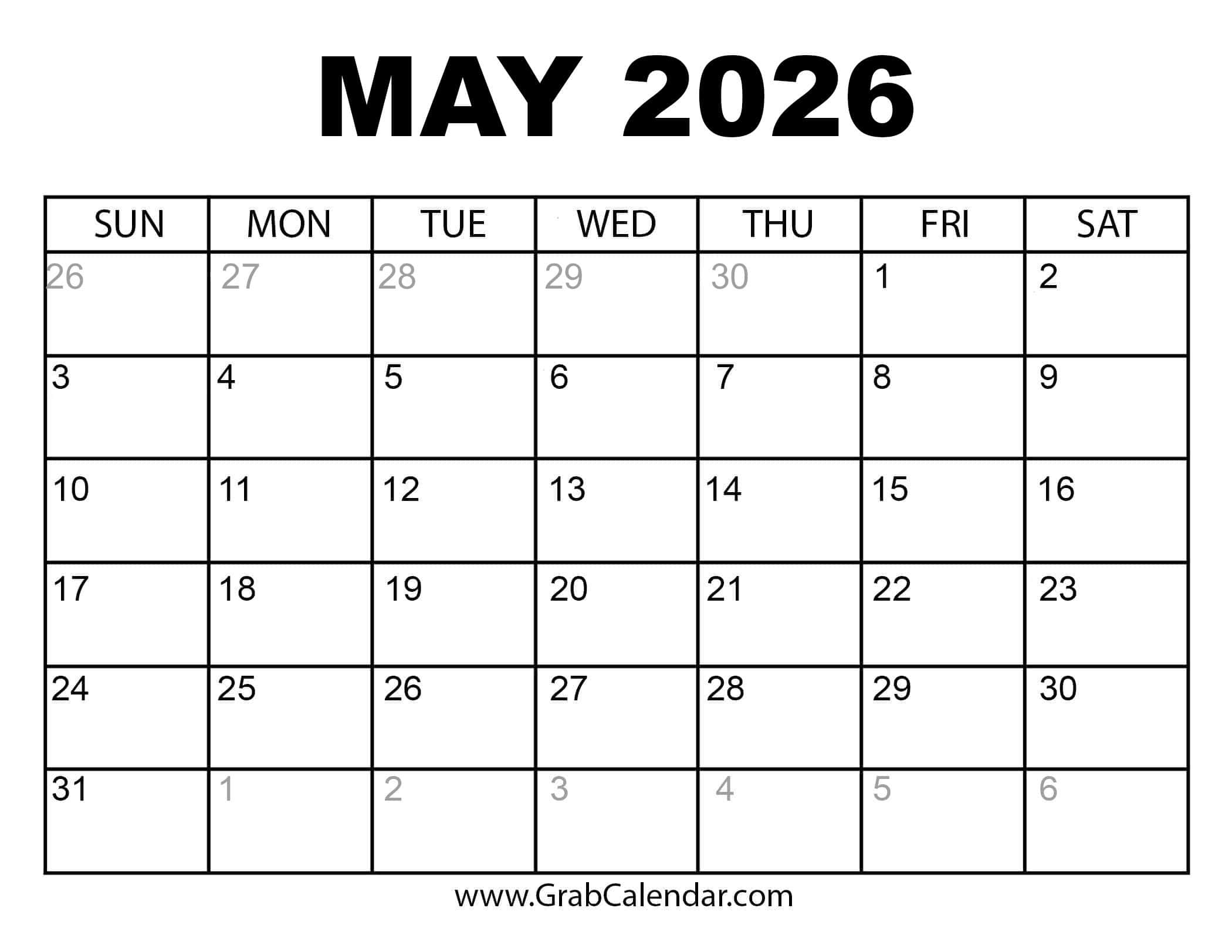 Printable May 2026 Calendar in May 2026 Calendar Printable