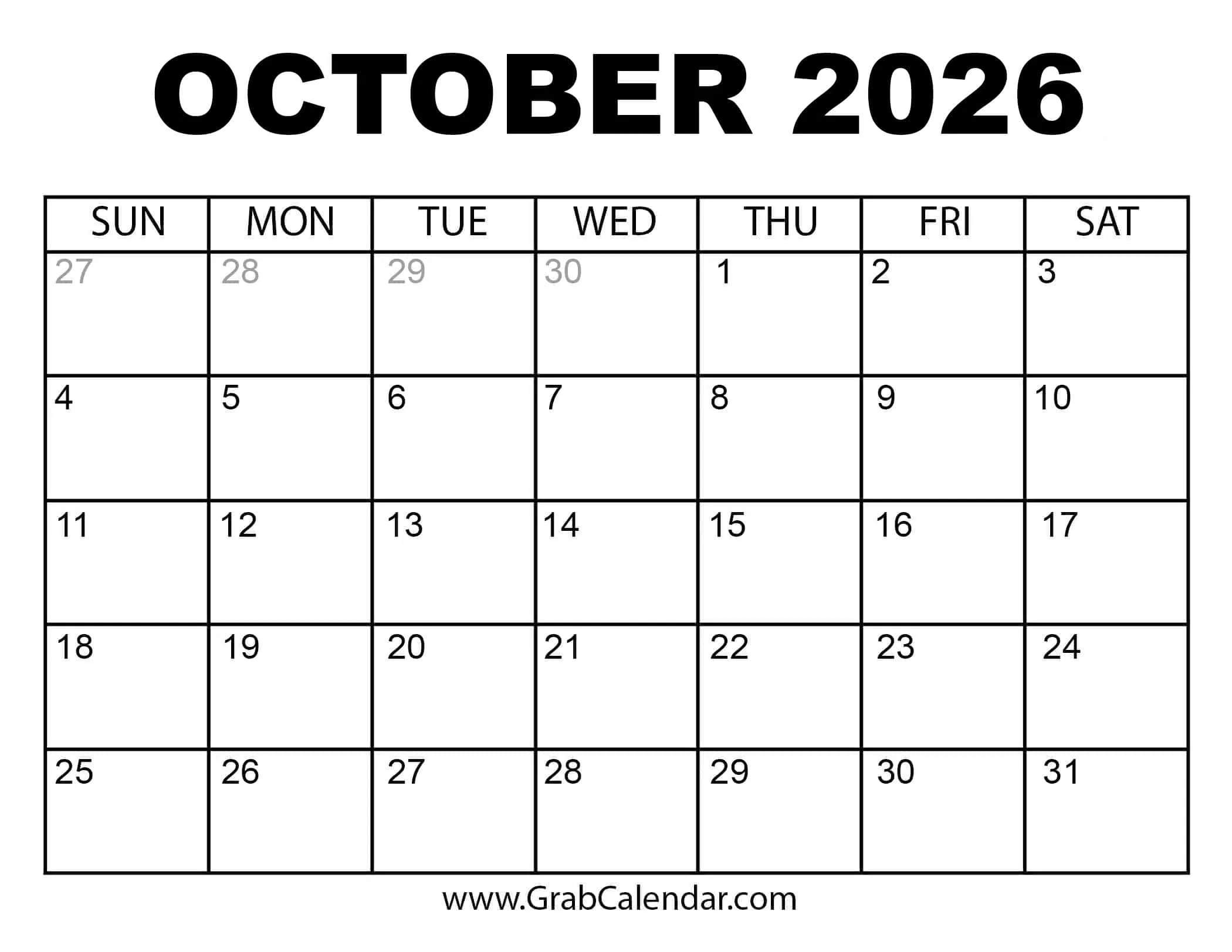 Printable October 2026 Calendar throughout October 2026 Calendar Printable
