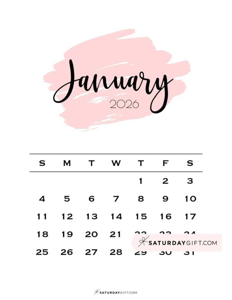 Printable Pink Calendars 2026 - Perfect For Home Office | Saturdaygift inside January 2026 Calendar Printable Pink