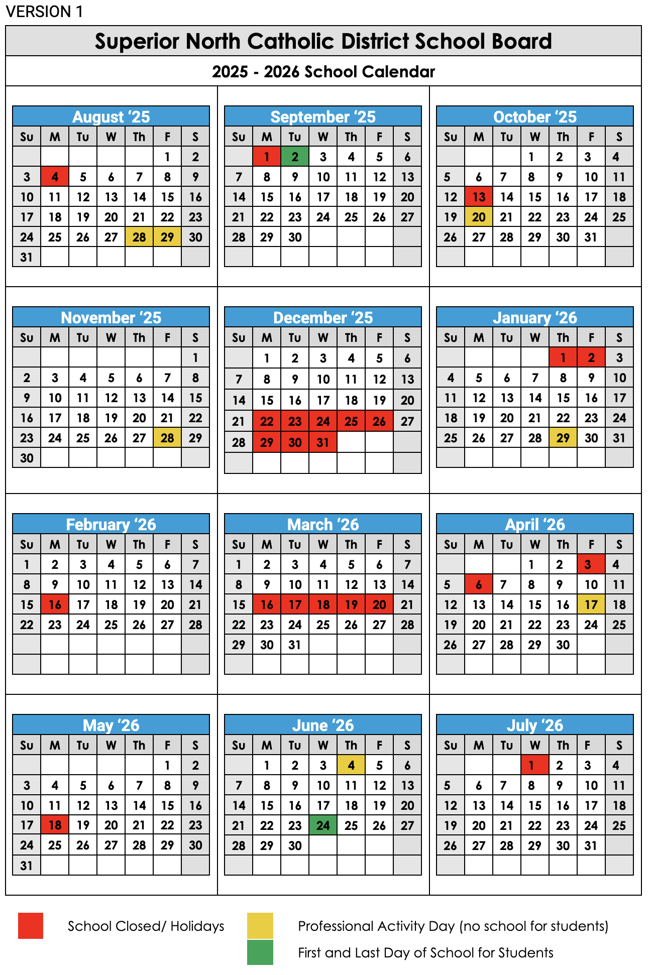 Proposed 2025-2026 School Year Calendar - Superior North Catholic within Catholic School Board Calendar 2026