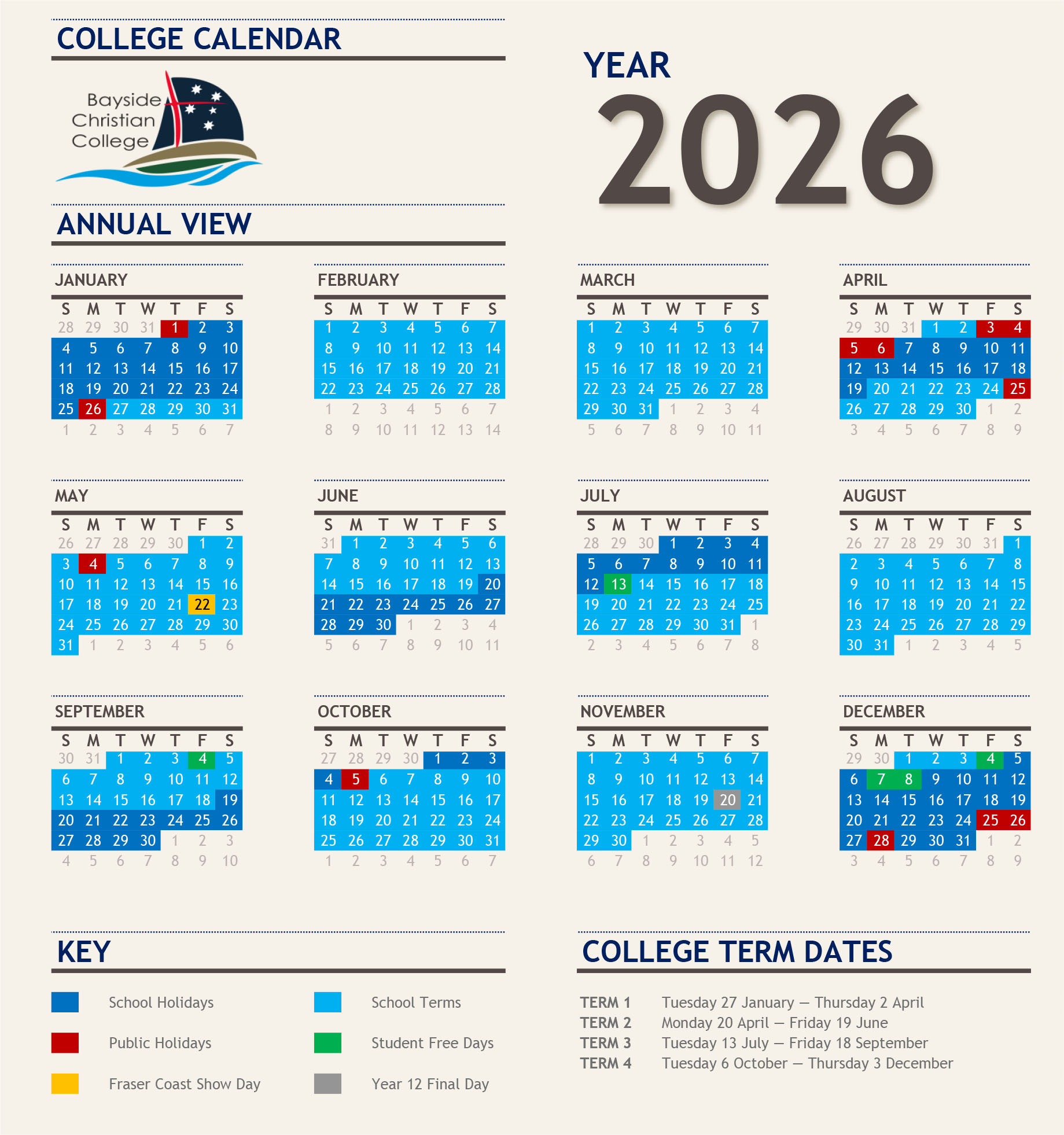 School Calendar | Bayside Christian College Hervey Bay in 2026 School Calendar Qld Printable