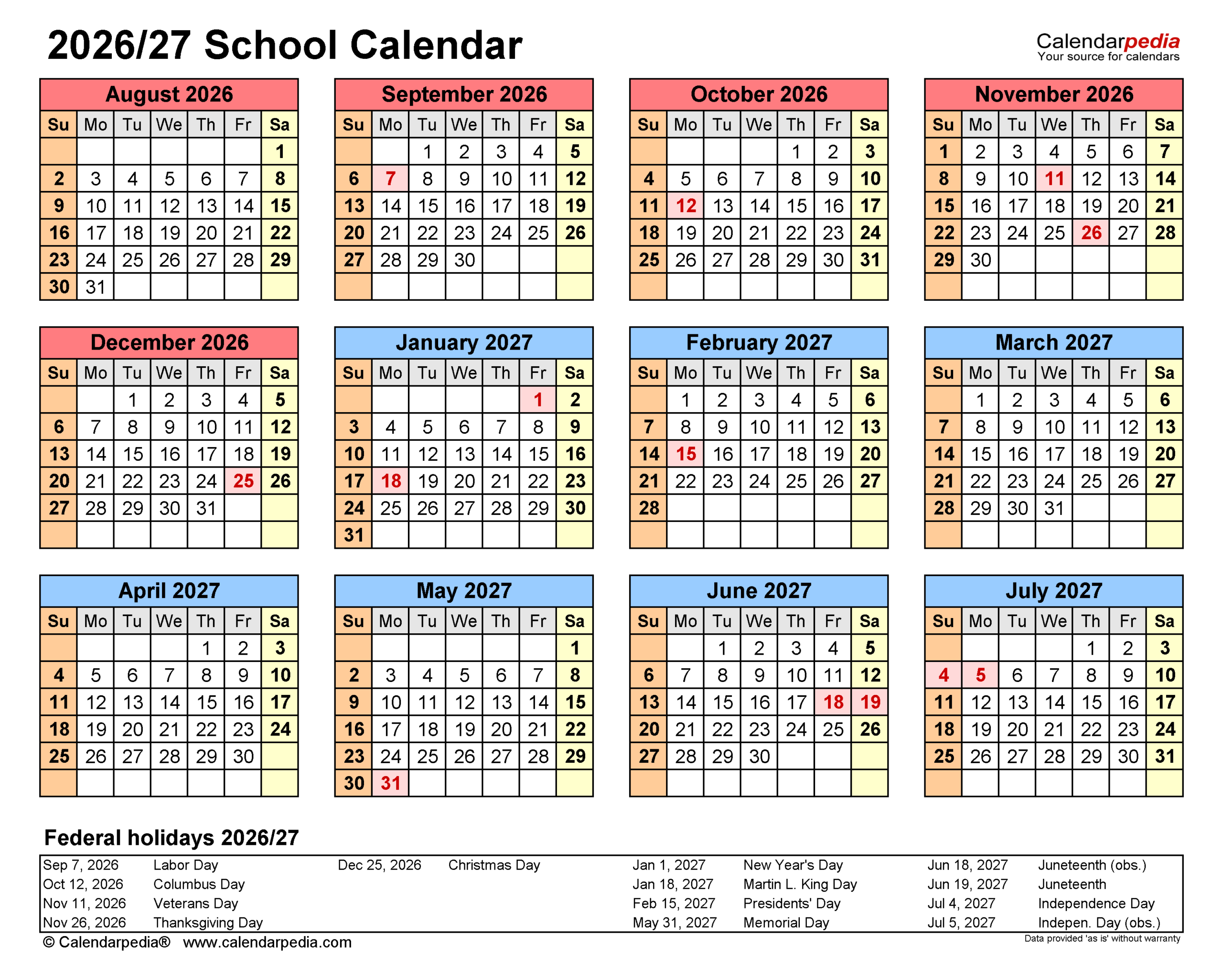 School Calendars 2026/2027 - Free Printable Pdf Templates in HHH School Calendar 2026 - 2027