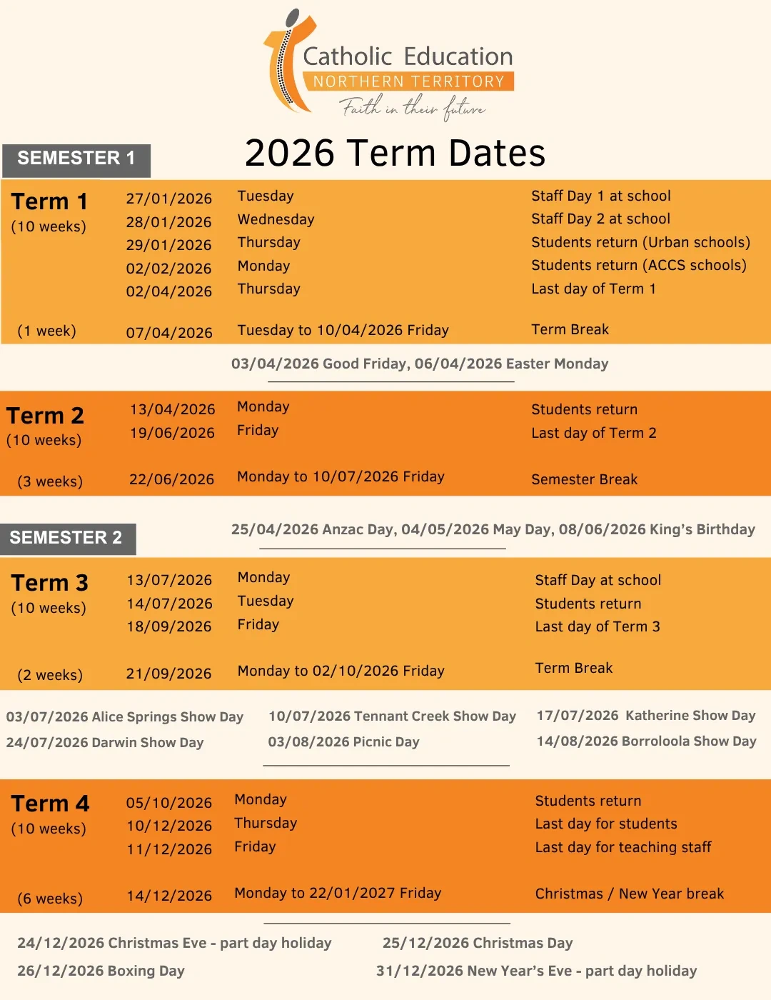 School Term Daschool Term Dates Northern Territory | Catholic in Catholic Education School Calendar 2026