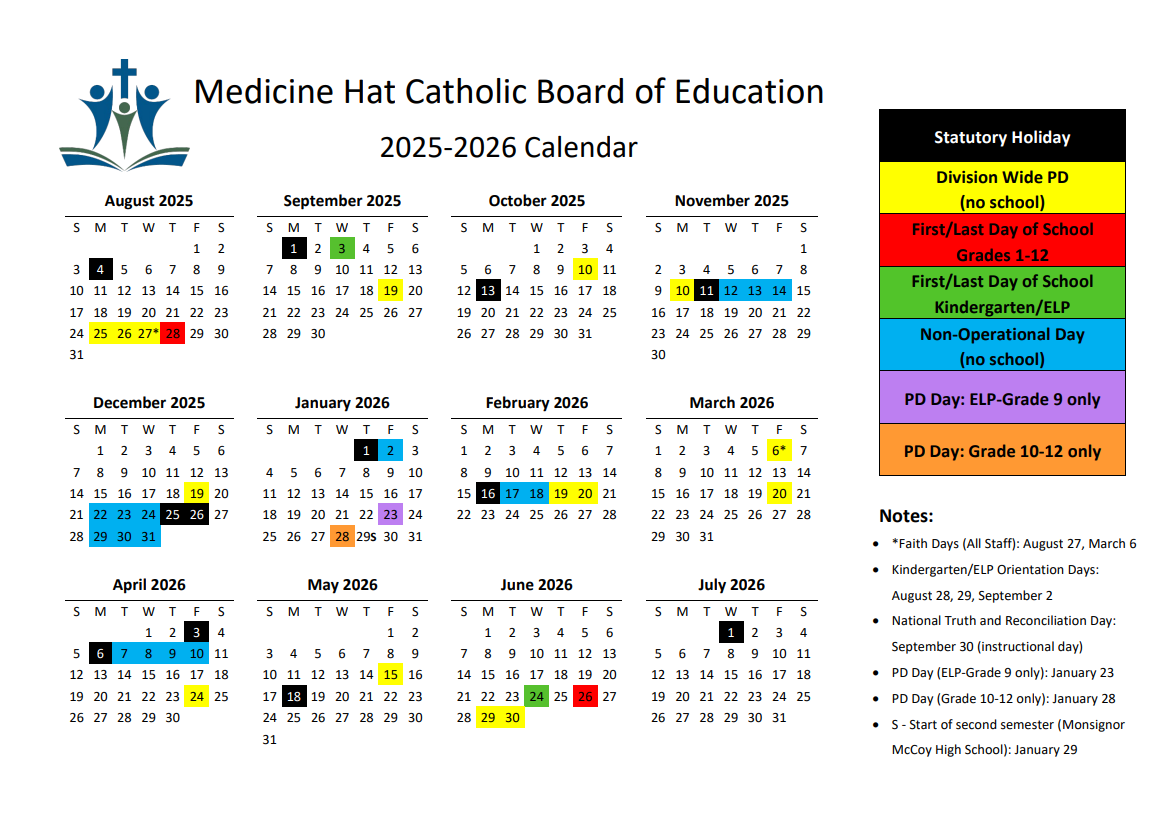 School Year Calendar 2025-2026 | Medicine Hat Catholic Board Of pertaining to Catholic School Board Calendar 2026