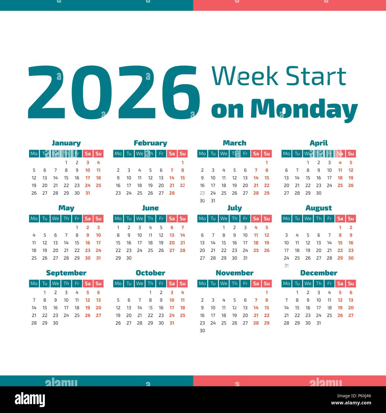 Simple 2026 Year Calendar, Week Starts On Monday Stock Vector pertaining to 2026 Calendar Printable Monday Start
