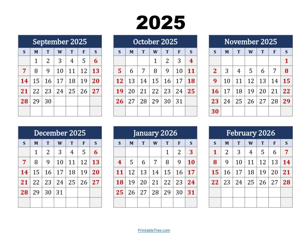 Six Month Calendar 2025-2026 Printable Pdf- 6 Months Calendar inside September 2025 August 2026 Calendar Printable