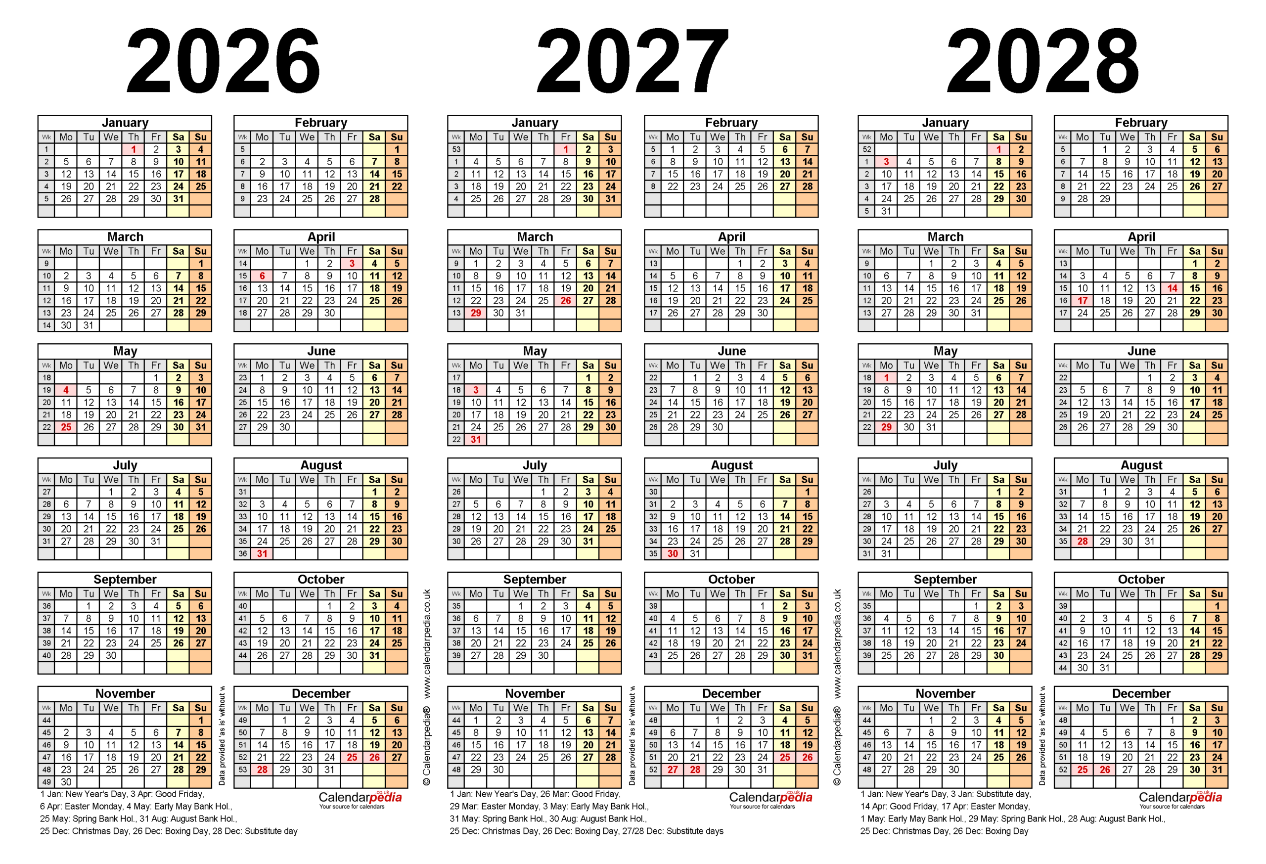 Three Year Calendars For 2026, 2027 And 2028 (Uk) For Pdf inside Printable 3 Year Calendar 2026 2027 2028