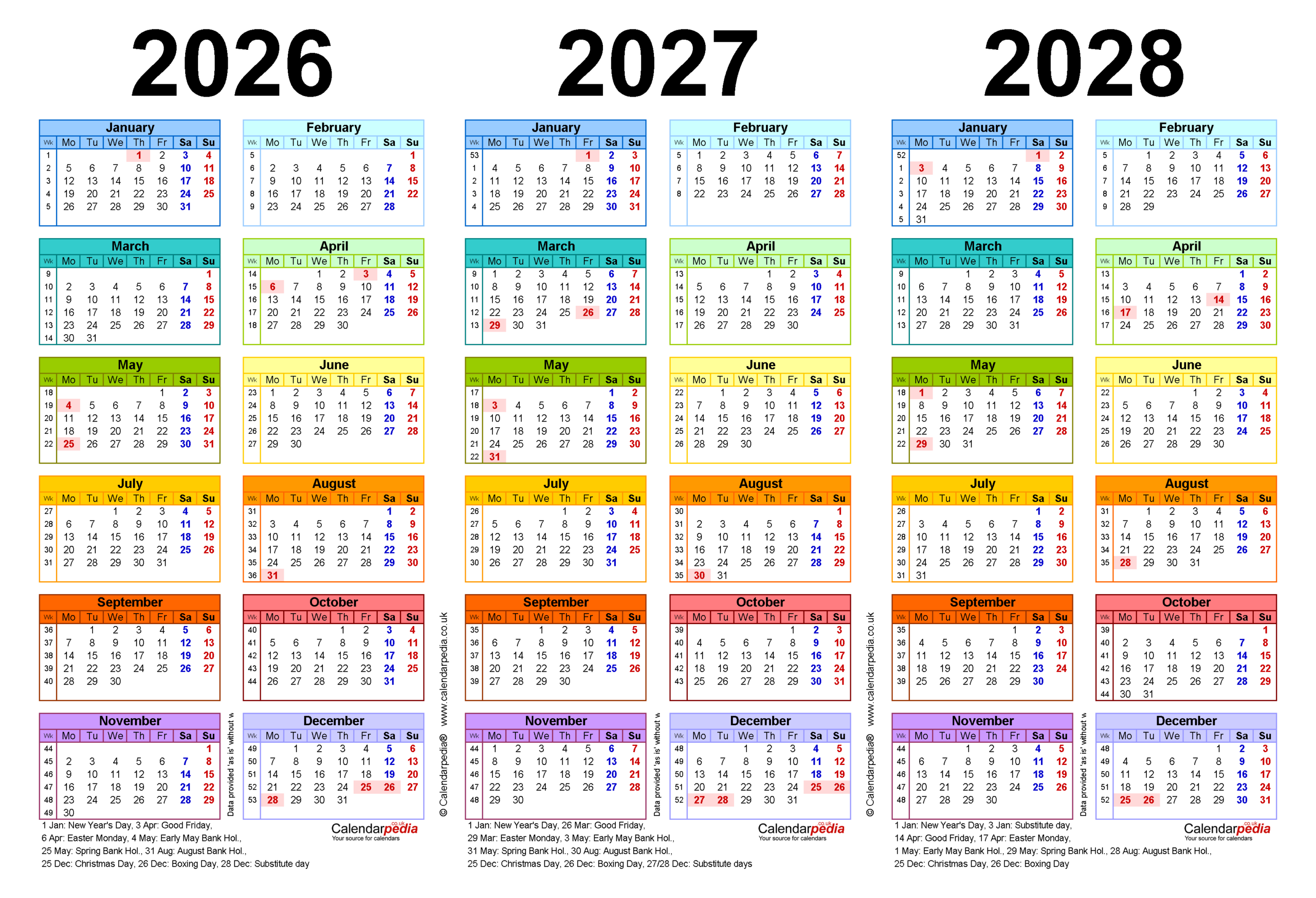 Three Year Calendars For 2026, 2027 And 2028 (Uk) For Pdf intended for Printable 3 Year Calendar 2026 2027 2028