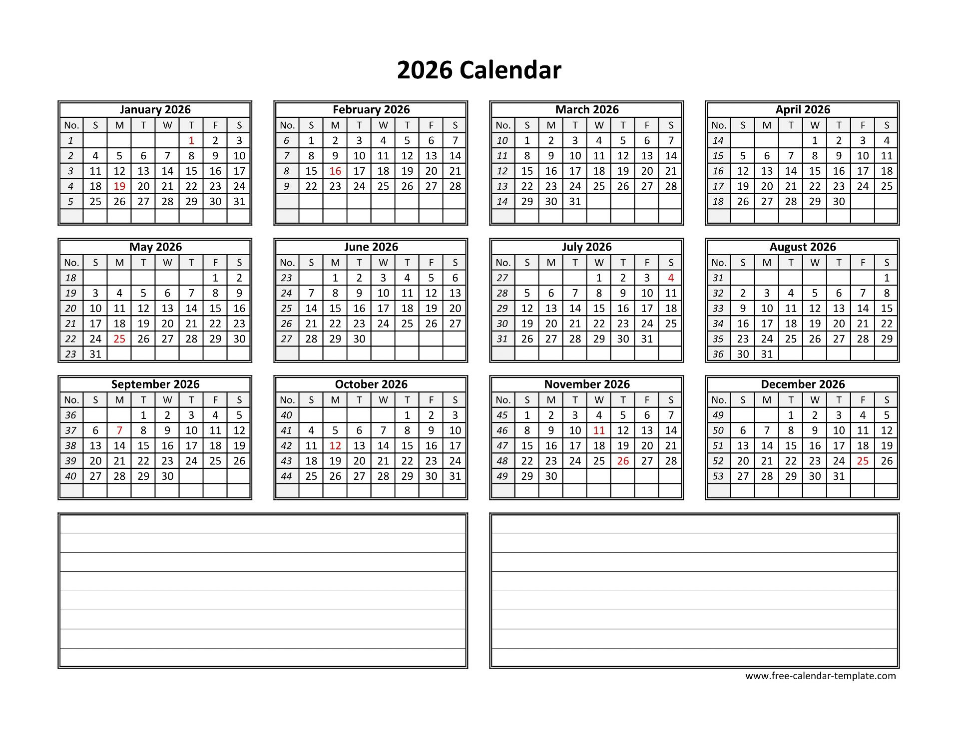 Yearly 2026 Calendar Printable With Space For Notes | Free inside 2026 Calendar Printable Notes