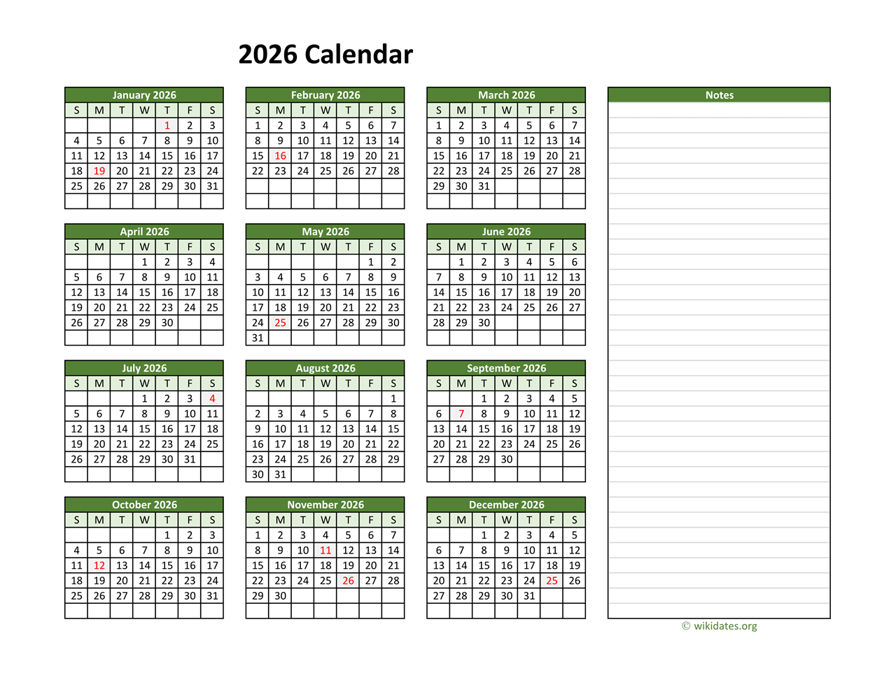 Yearly Printable 2026 Calendar With Notes | Wikidates with 2026 Calendar Printable Free With Notes