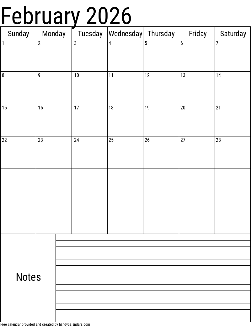 2026 February Calendars - Handy Calendars intended for February 2026 Calendar With Notes