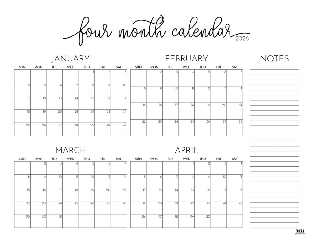 2026 Four Month Calendars - 31 Free Printables | Printabulls for February March April 2026 Calendar Printable