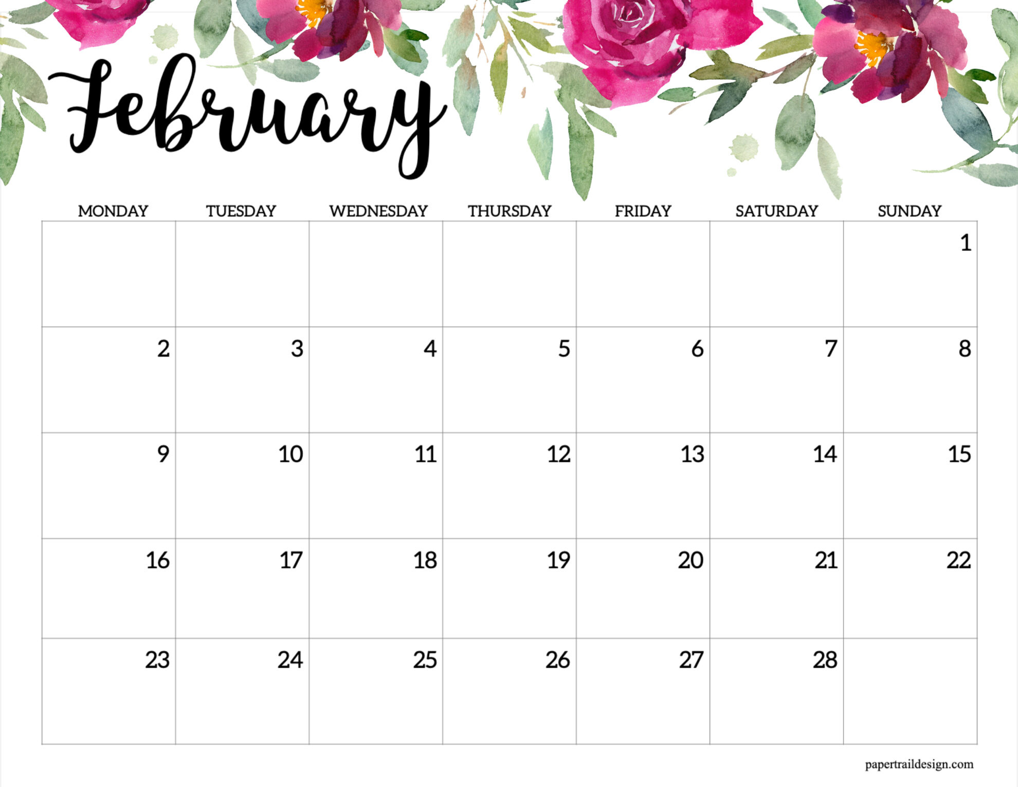 2026 Monday Start Floral Calendar - Paper Trail Design pertaining to February Calendar 2026 Starting Monday