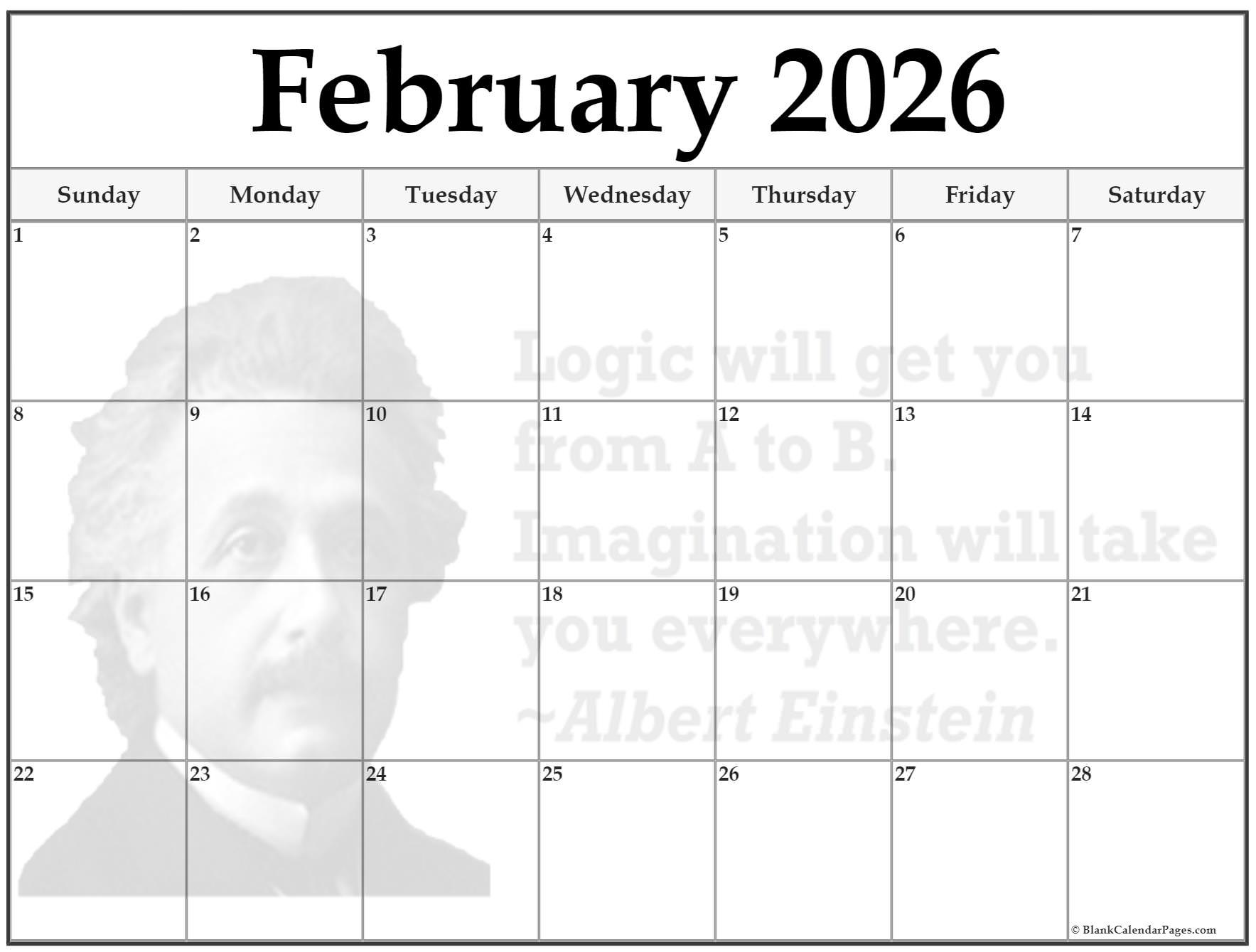 24+ February 2026 Quote Calendars with regard to Printable February 2026 Calendar With Lines