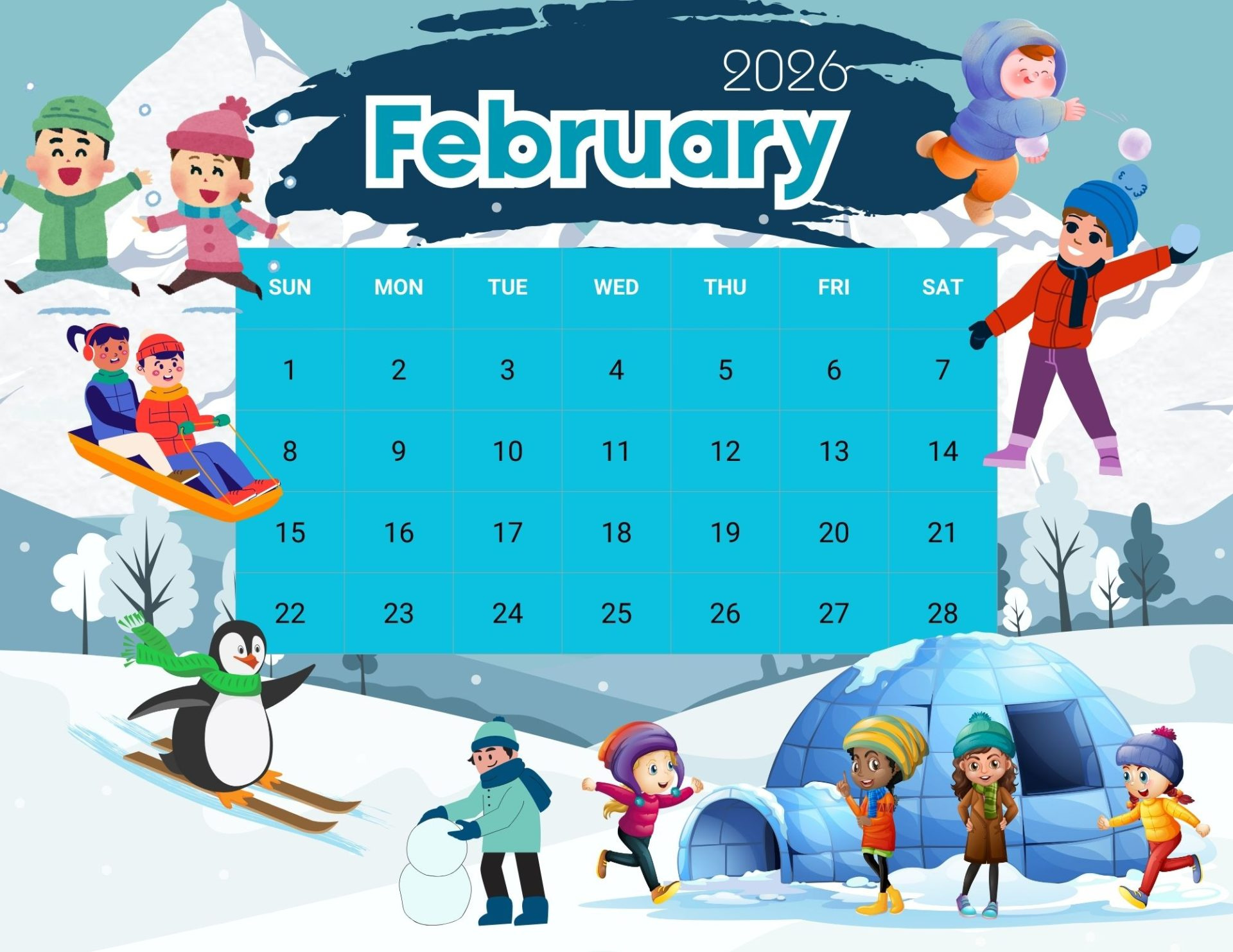 Beach &amp;amp; Snow Theme Free 2026 Printable Calendar | Entheosweb in Sports Calendar February 2026