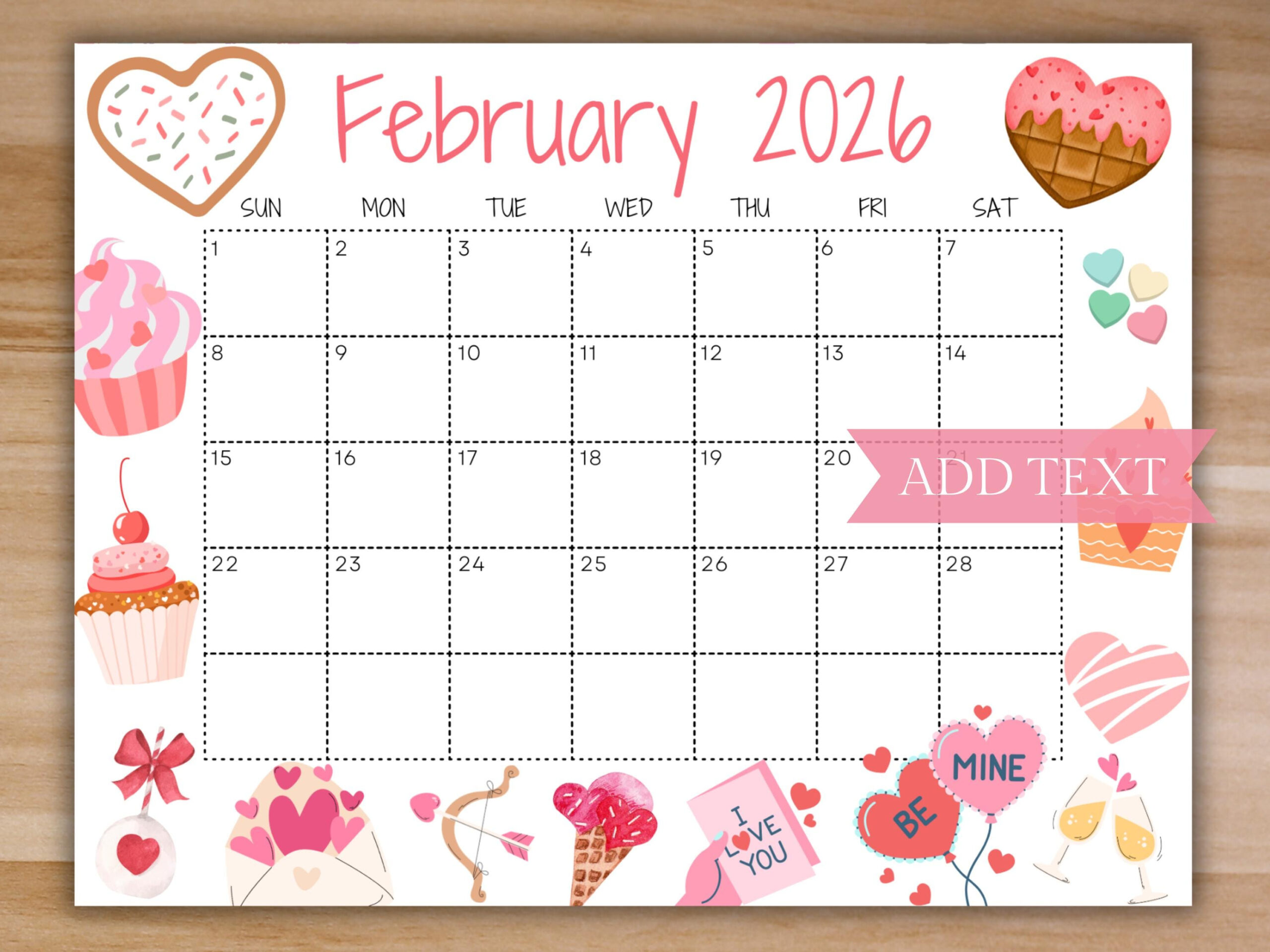 Bearbeitbarer Februar Kalender 2026, Druckbarer Kalender 2026 in February 2026 Calendar Hearts