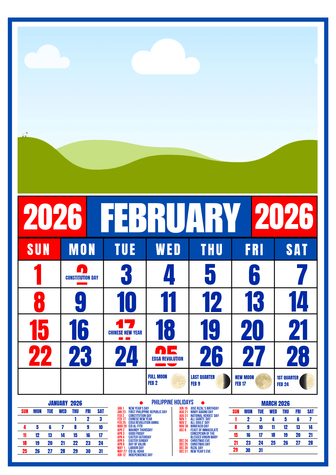 Calendar 2026 | A4 Size 12Pages | Blue Red Color Theme | Editable intended for February 2026 Calendar Holidays Philippines