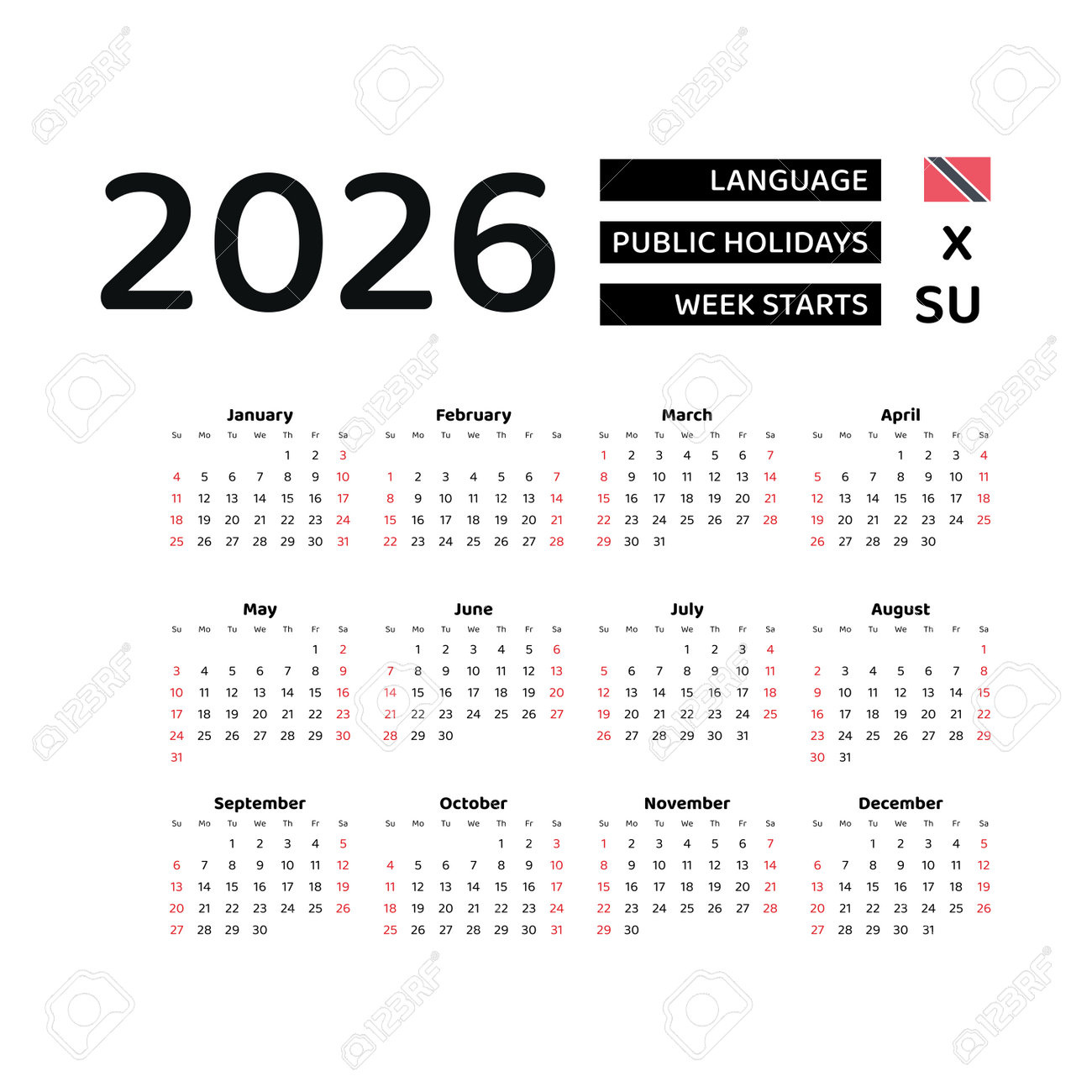 Calendar 2026 English Language With Trinidad And Tobago Public within February 2026 Calendar Trinidad