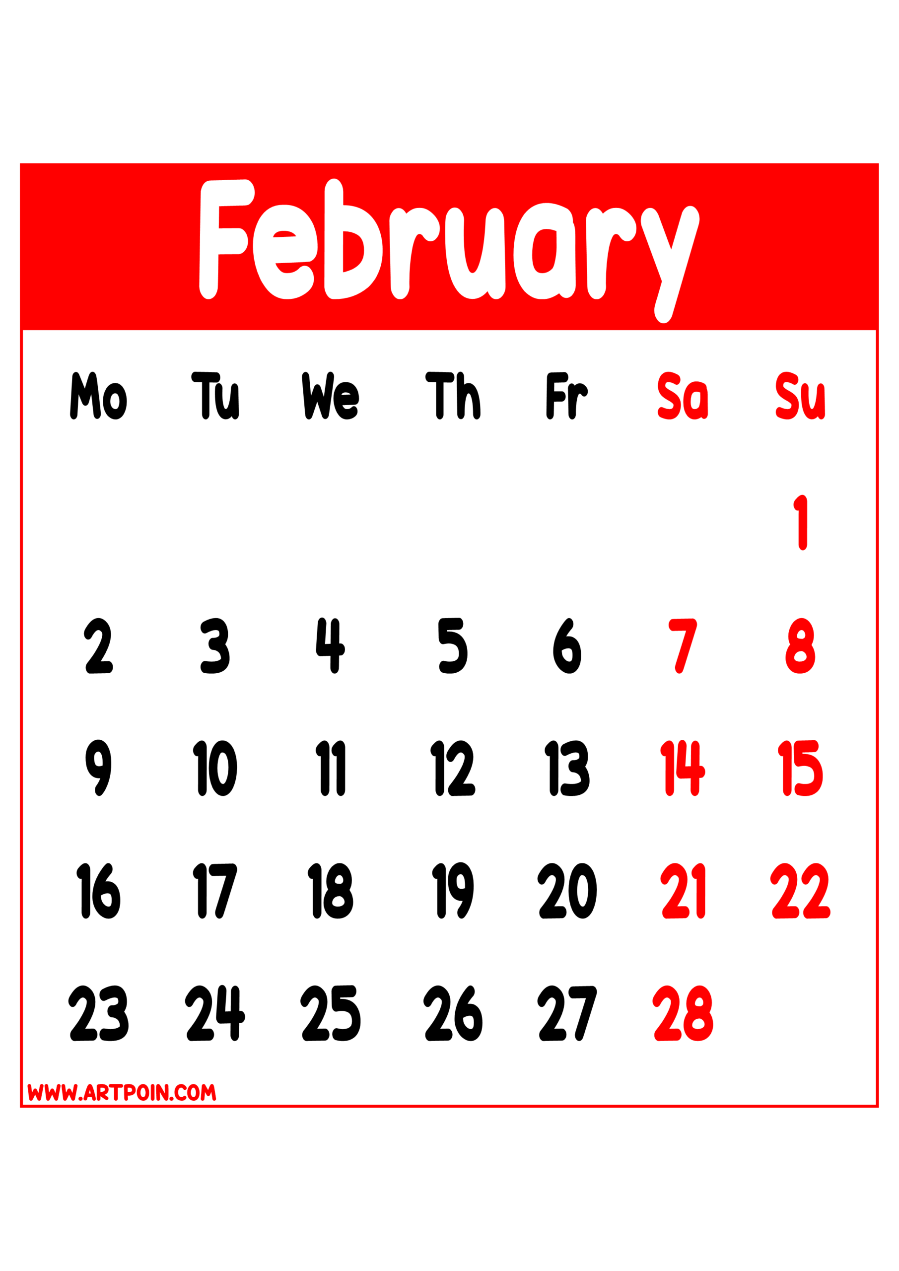 Calendar 2026 February Months Red Details Transparent Background intended for February 2026 Calendar Png