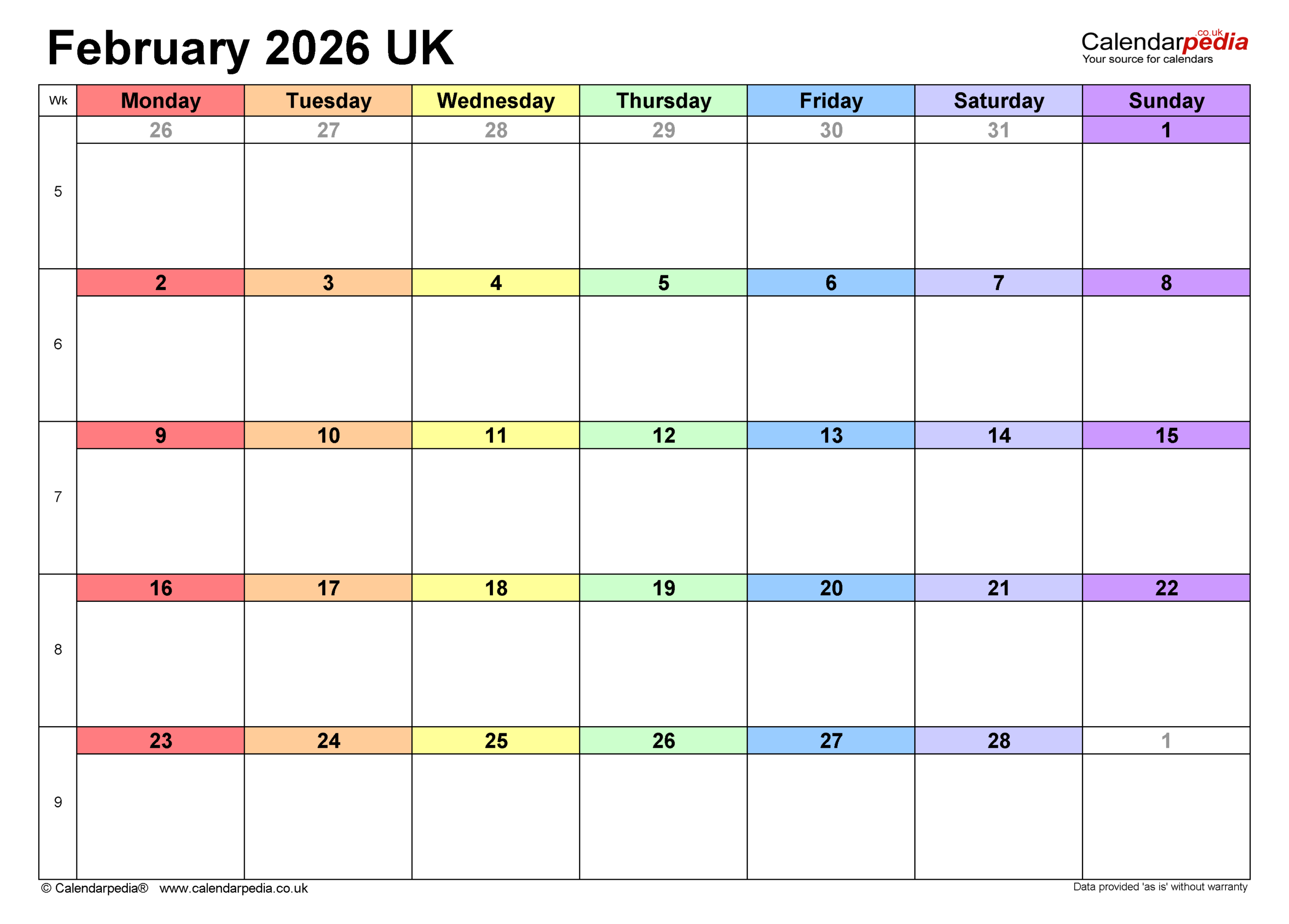 Calendar February 2026 Uk With Pdf, Excel And Word Templates for February Calendar 2026 UK