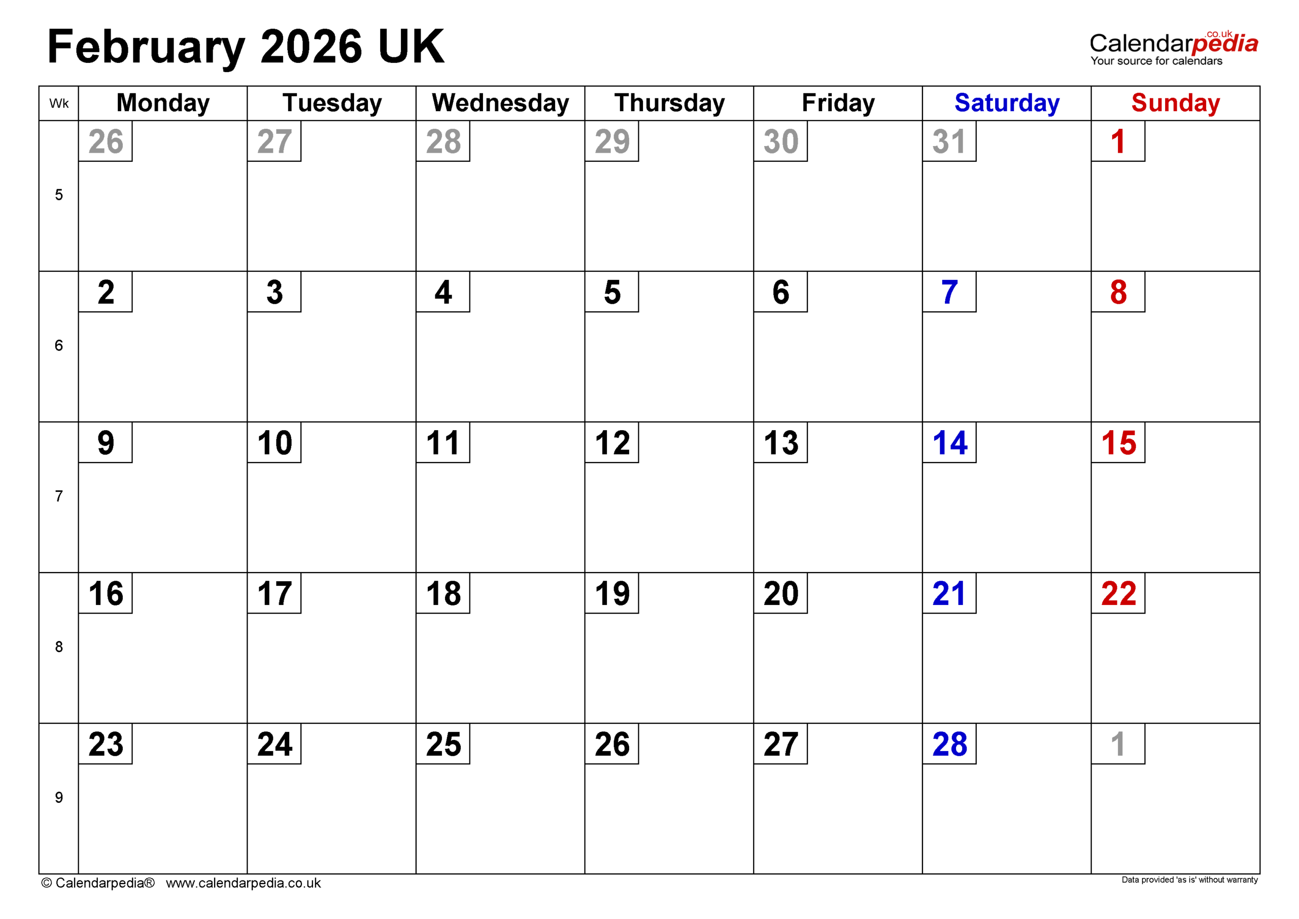 Calendar February 2026 Uk With Pdf, Excel And Word Templates in Feb 2026 Calendar Uk