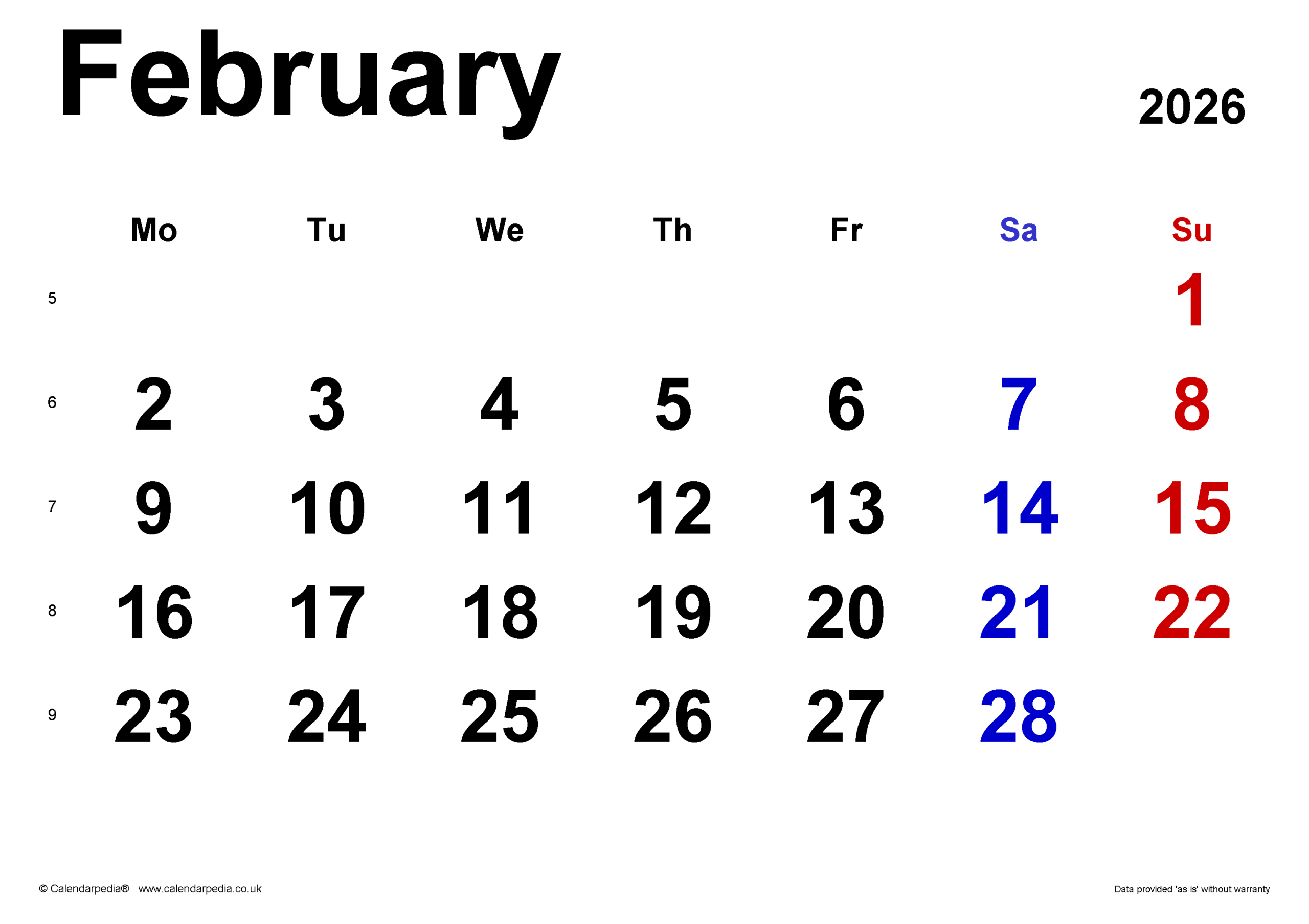 Calendar February 2026 Uk With Pdf, Excel And Word Templates intended for Calendar February 2026 UK