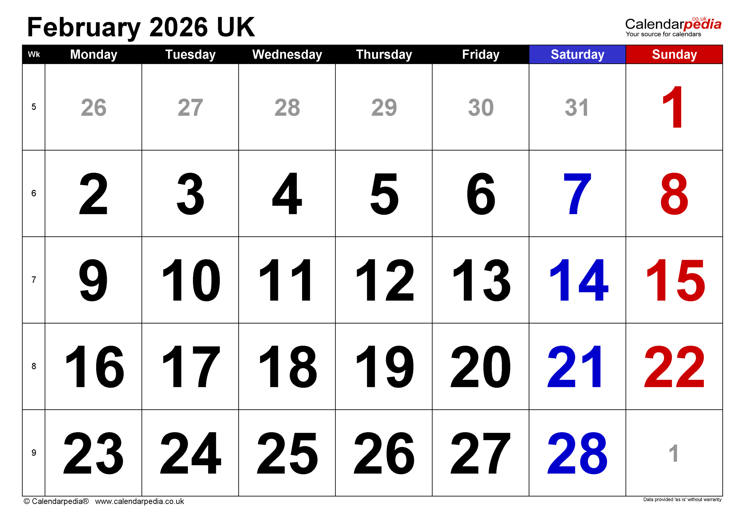 Calendar February 2026 Uk With Pdf, Excel And Word Templates within February 2026 Calendar Microsoft