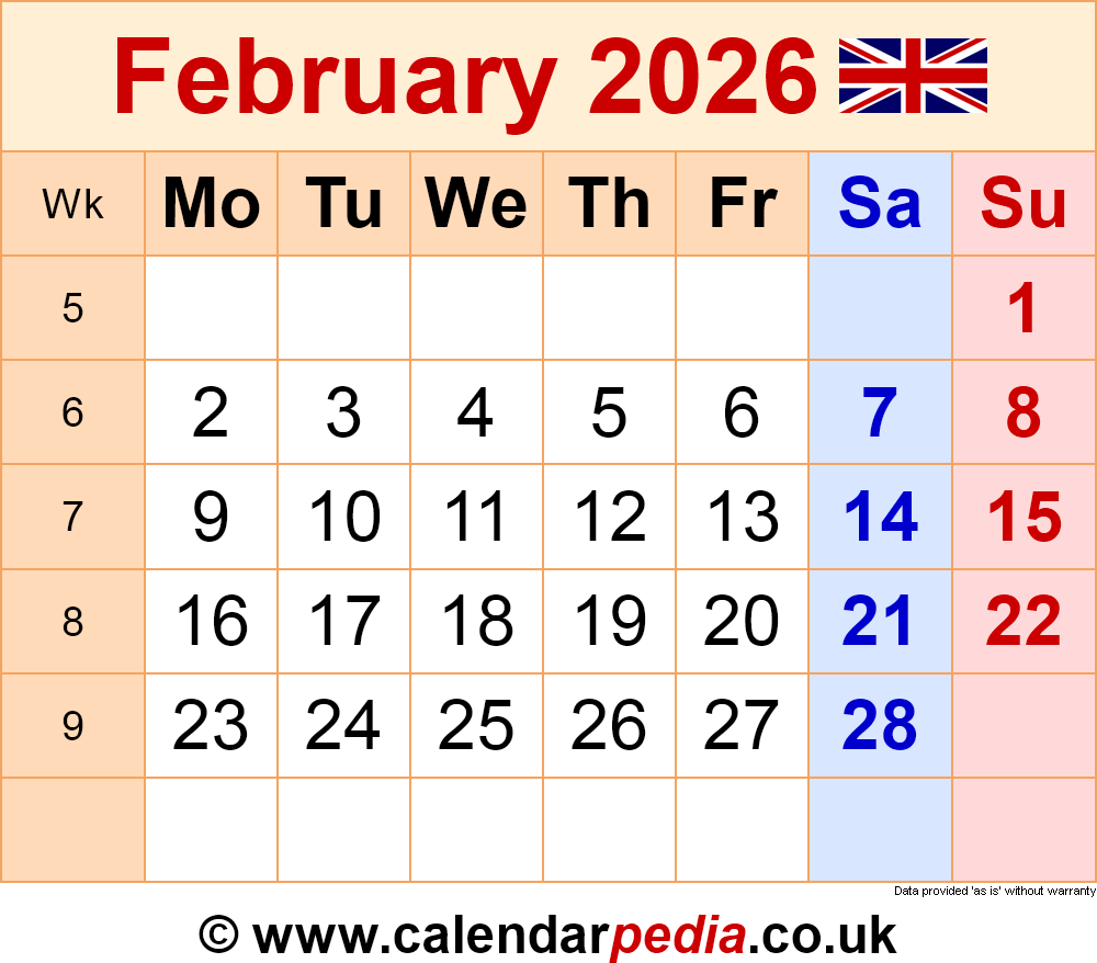 Calendar February 2026 Uk With Pdf, Excel And Word Templates within February 2026 Calendar Uk
