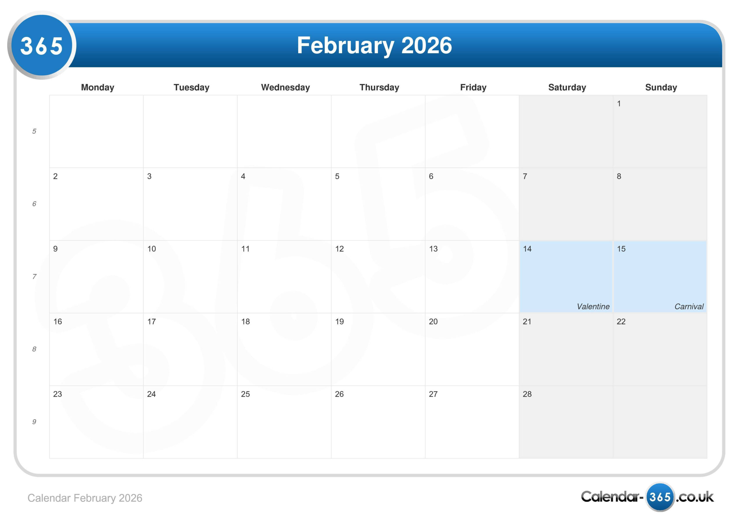 Calendar February 2026 within Calendar February 2026 Uk